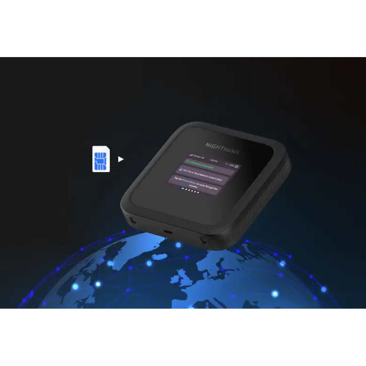 Zwarte router op een blauwe aardegrafiek. Een simkaartpictogram is aanwezig. Donkere achtergrond.