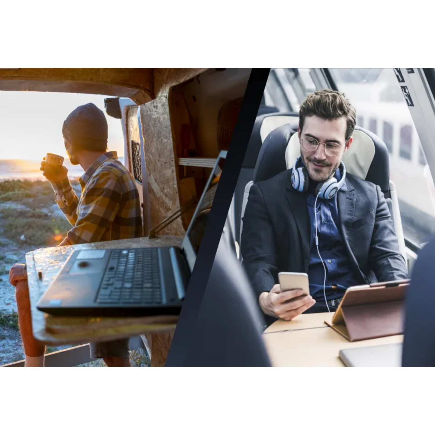Man drinkt koffie bij de zee en een man in de trein met telefoon en tablet.