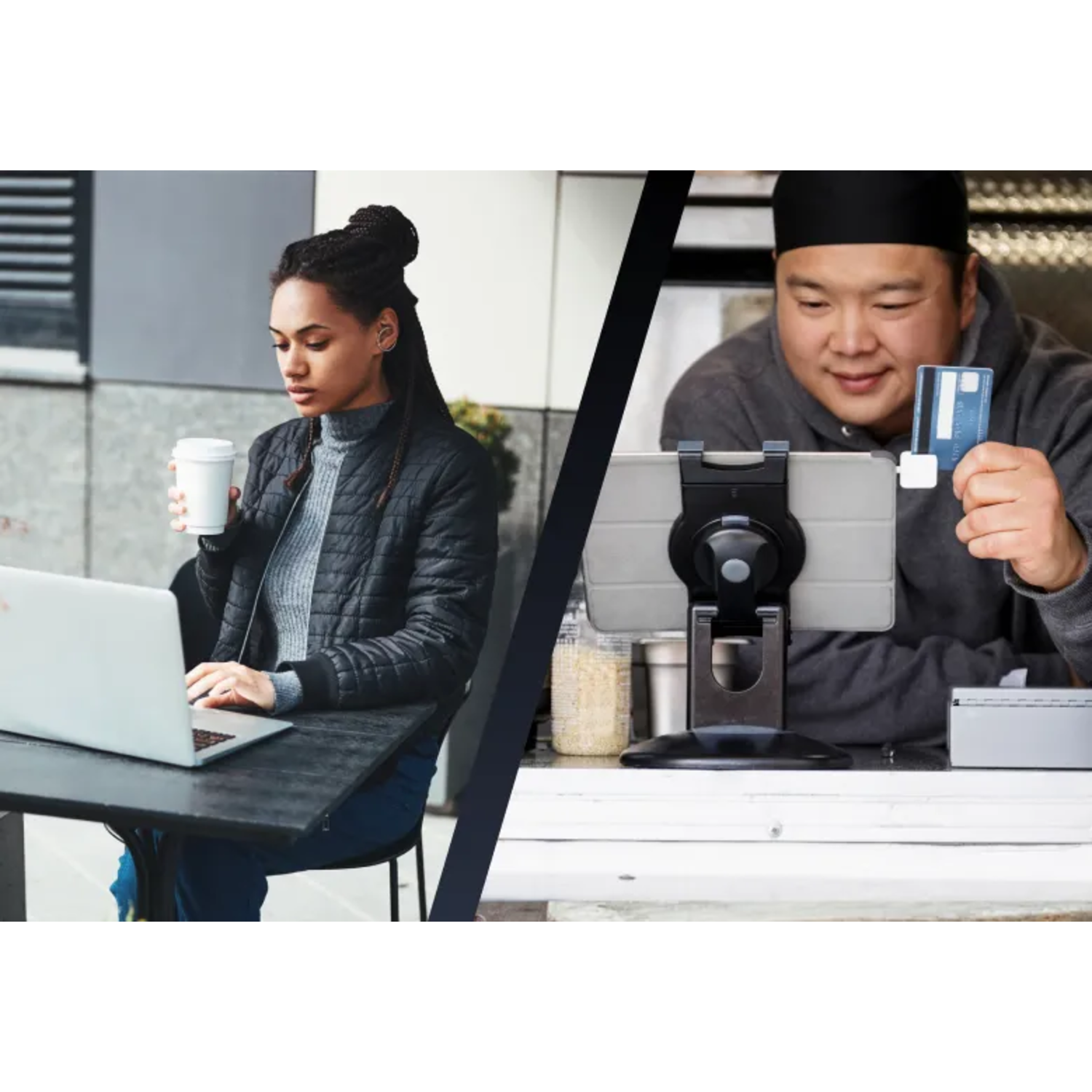 Vrouw met laptop en een man met een tablet. Café-omgeving. Lichte achtergrond.