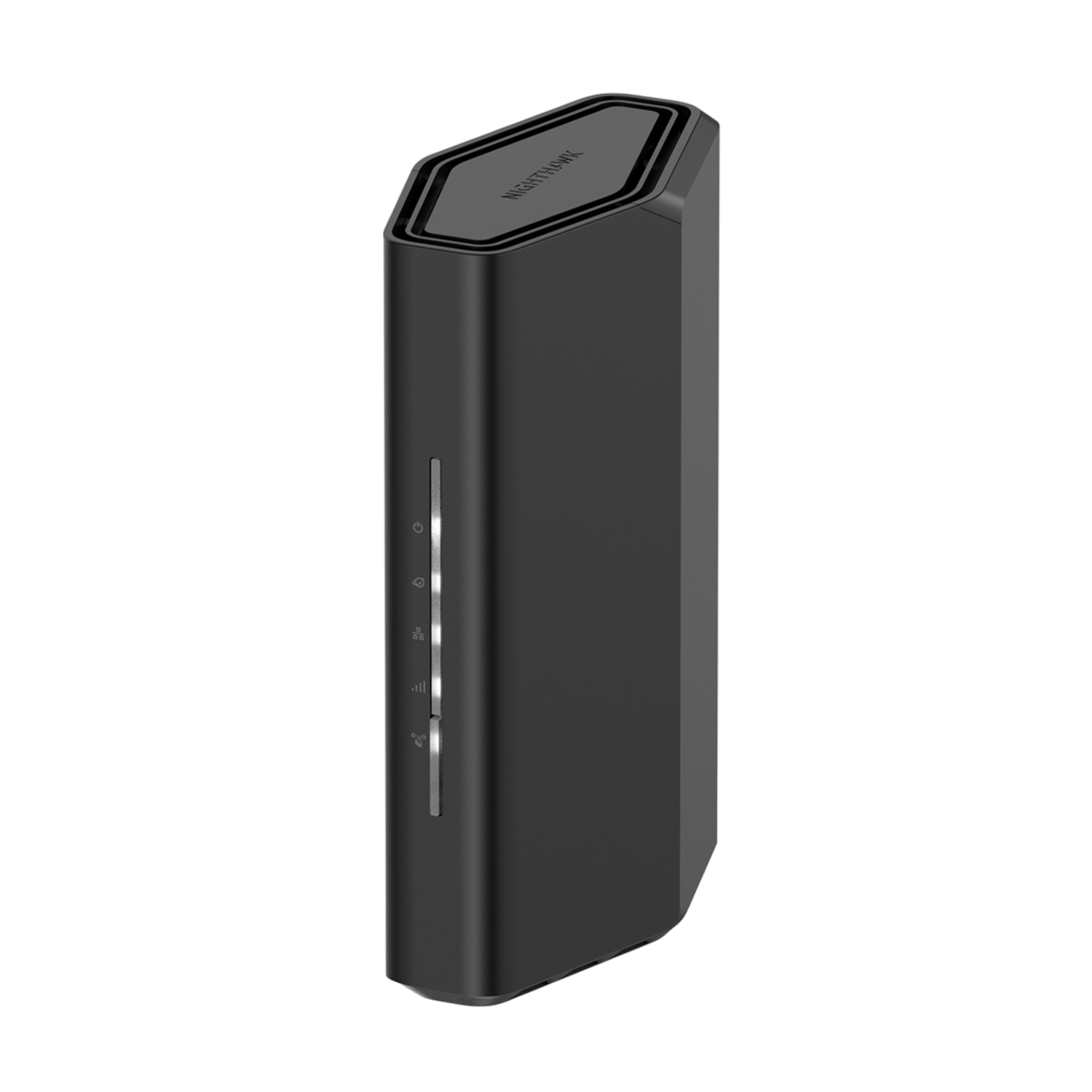 Zwarte router. De voorkant heeft 5 kleine indicatoren. Donkere achtergrond.