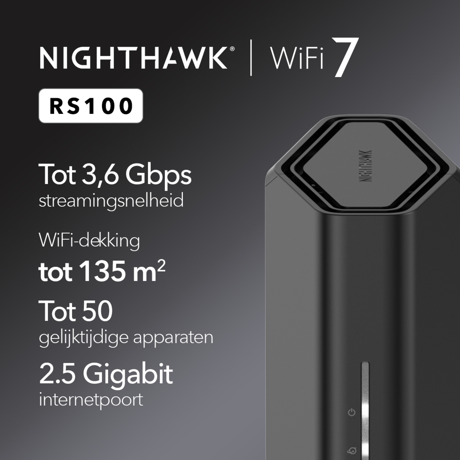 Zwarte Nighthawk wifi router met tekst over snelheid en dekking.