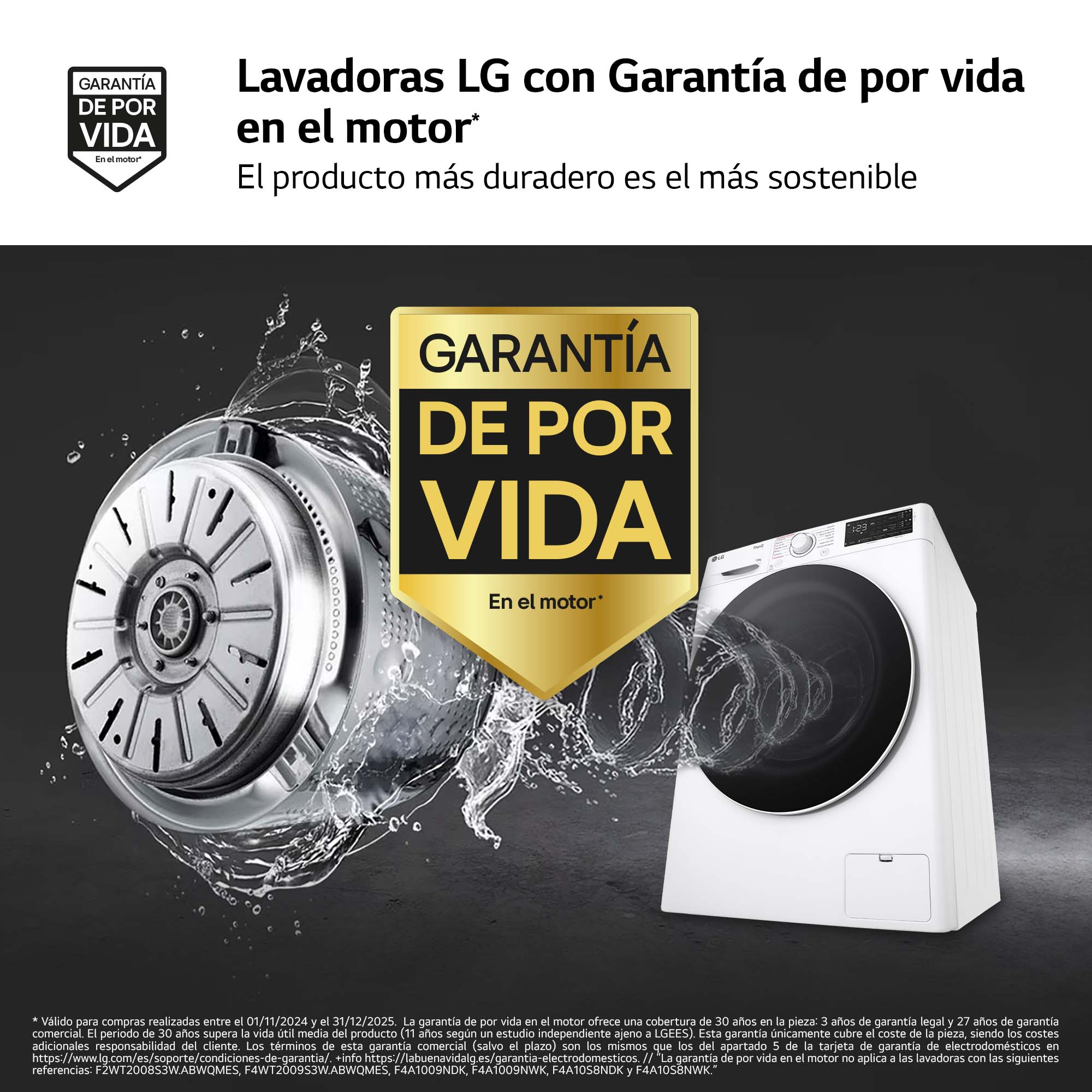 Una lavadora con motor. El texto describe la garantía.