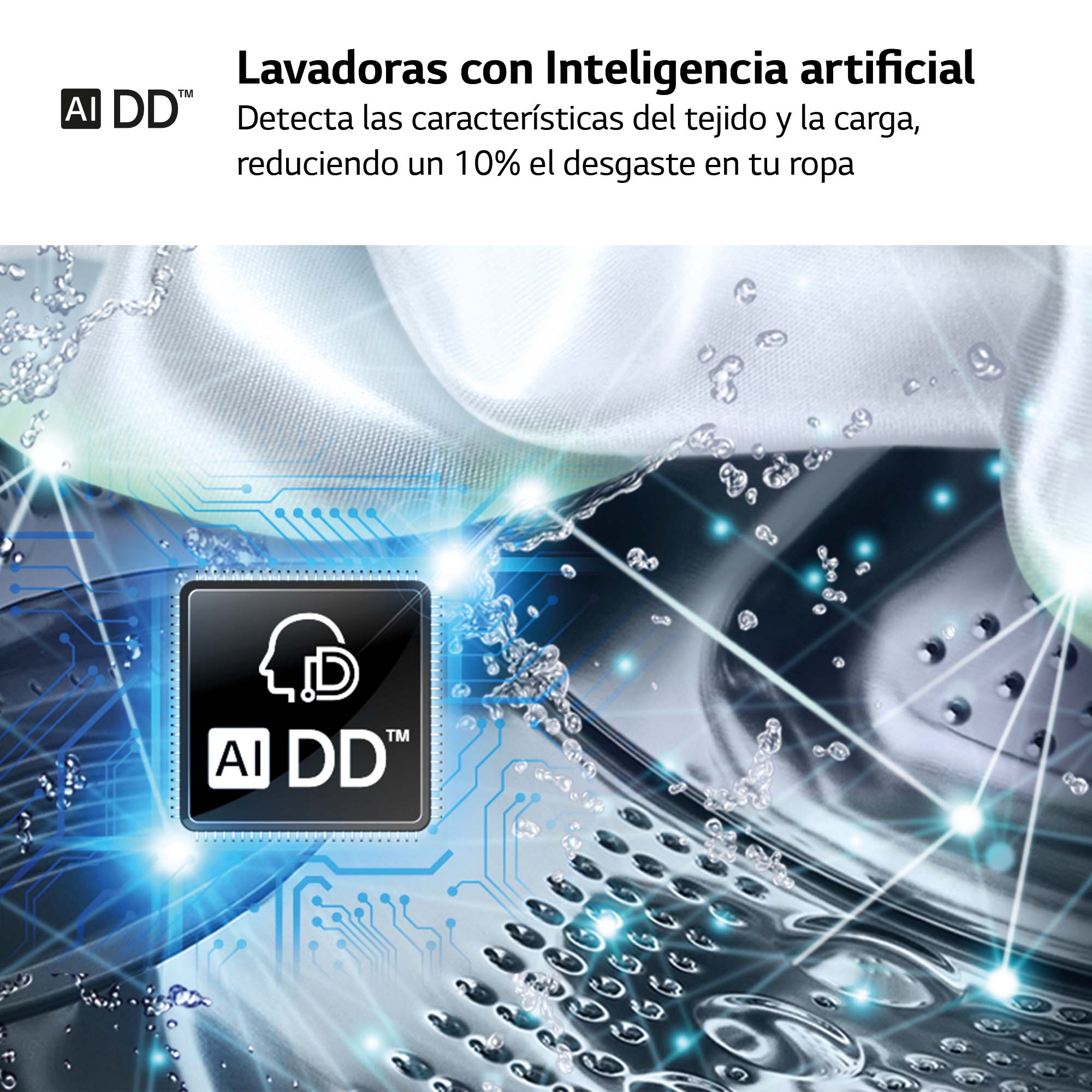 Una lavadora con tecnología AI DD, el texto describe el beneficio.