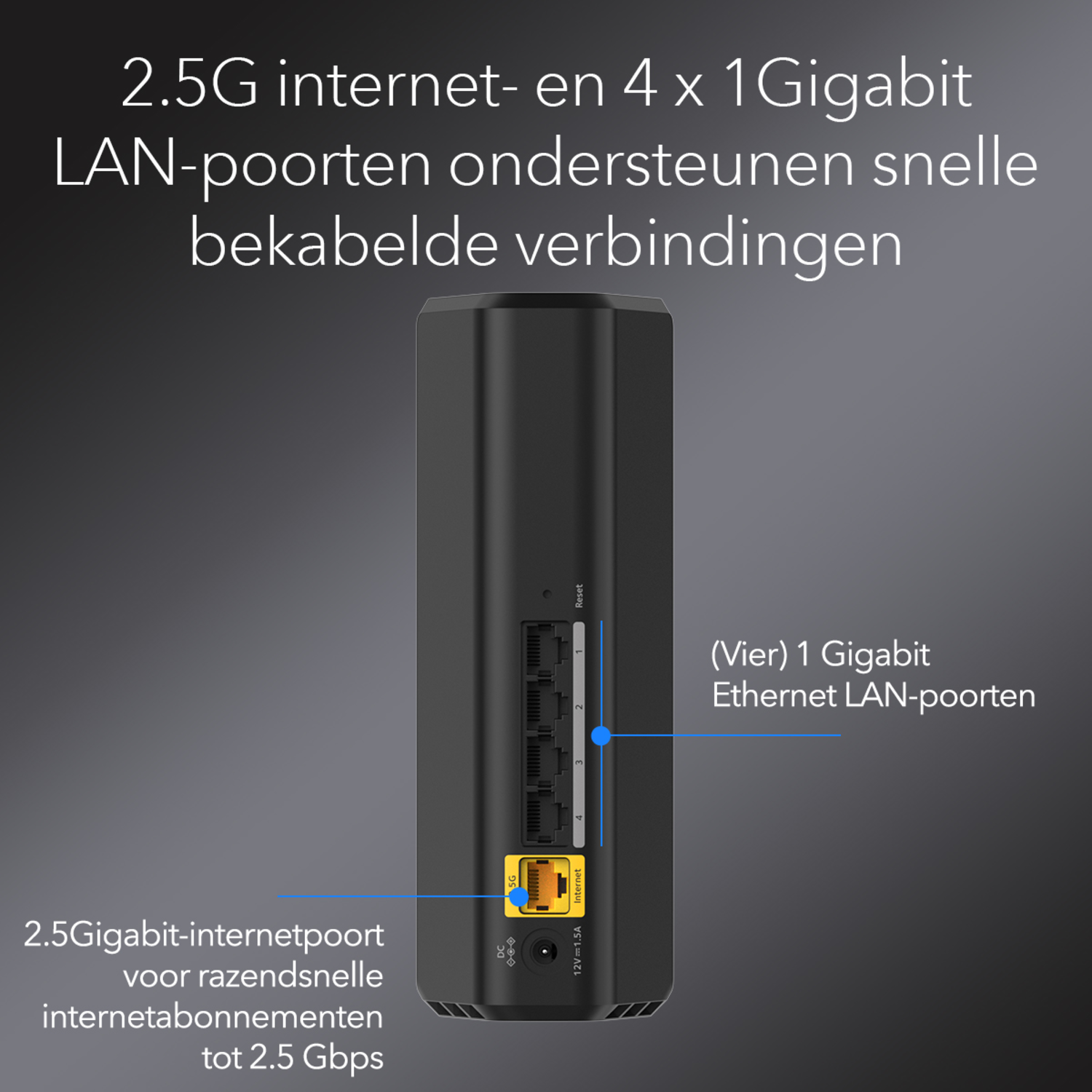 Het achterpaneel van een zwarte router met poorten en tekstbeschrijvingen.