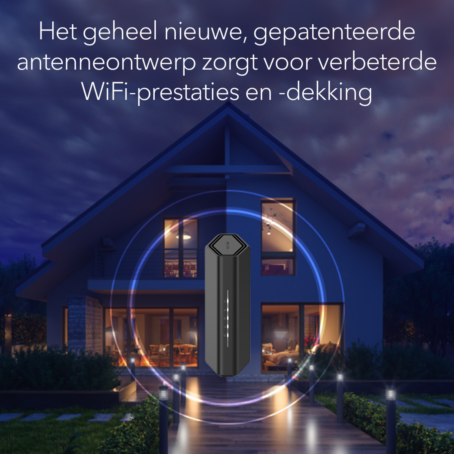 Een huis met router en lichten. De router straalt lichtcirkels uit.