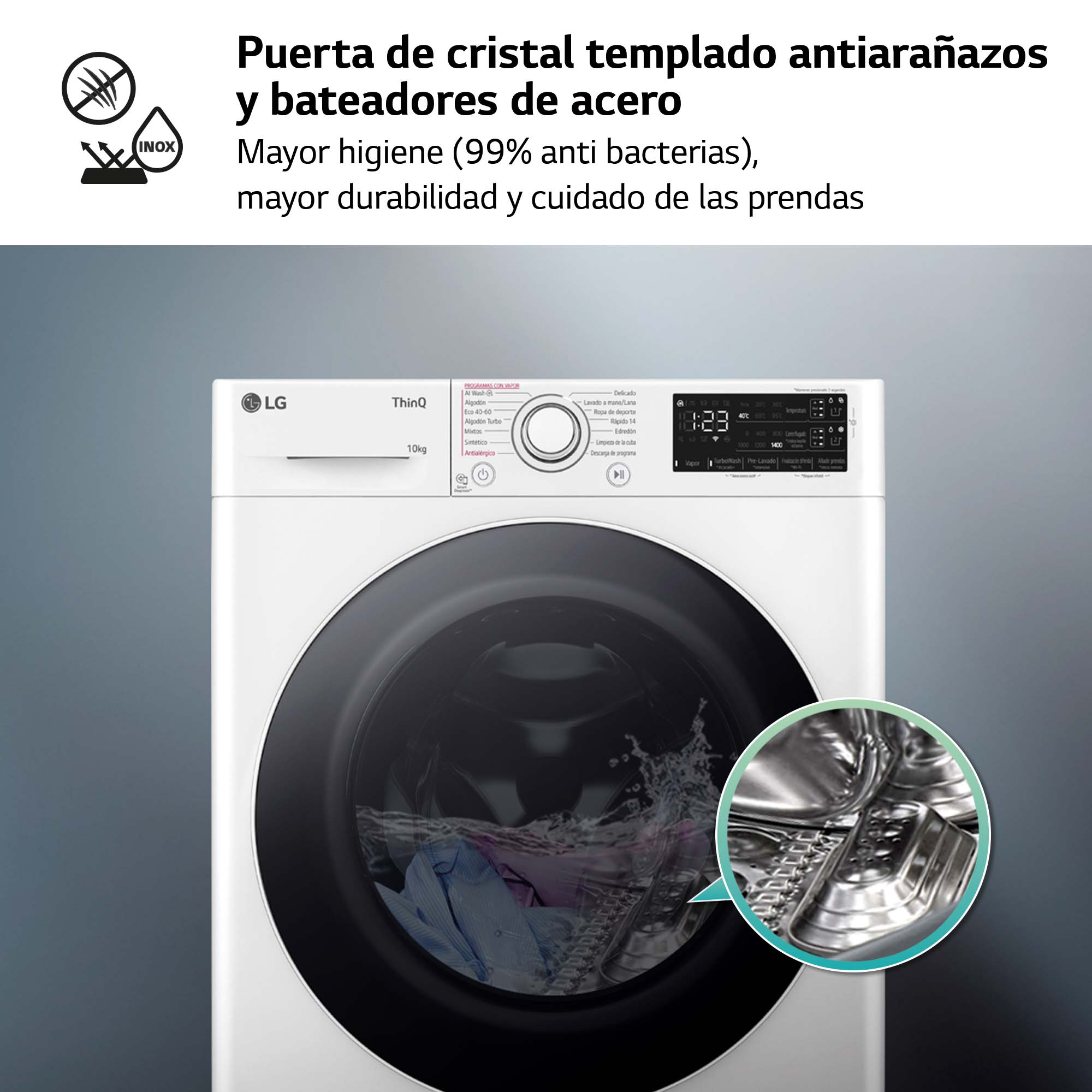 Una lavadora con puerta de vidrio. El texto describe la durabilidad.