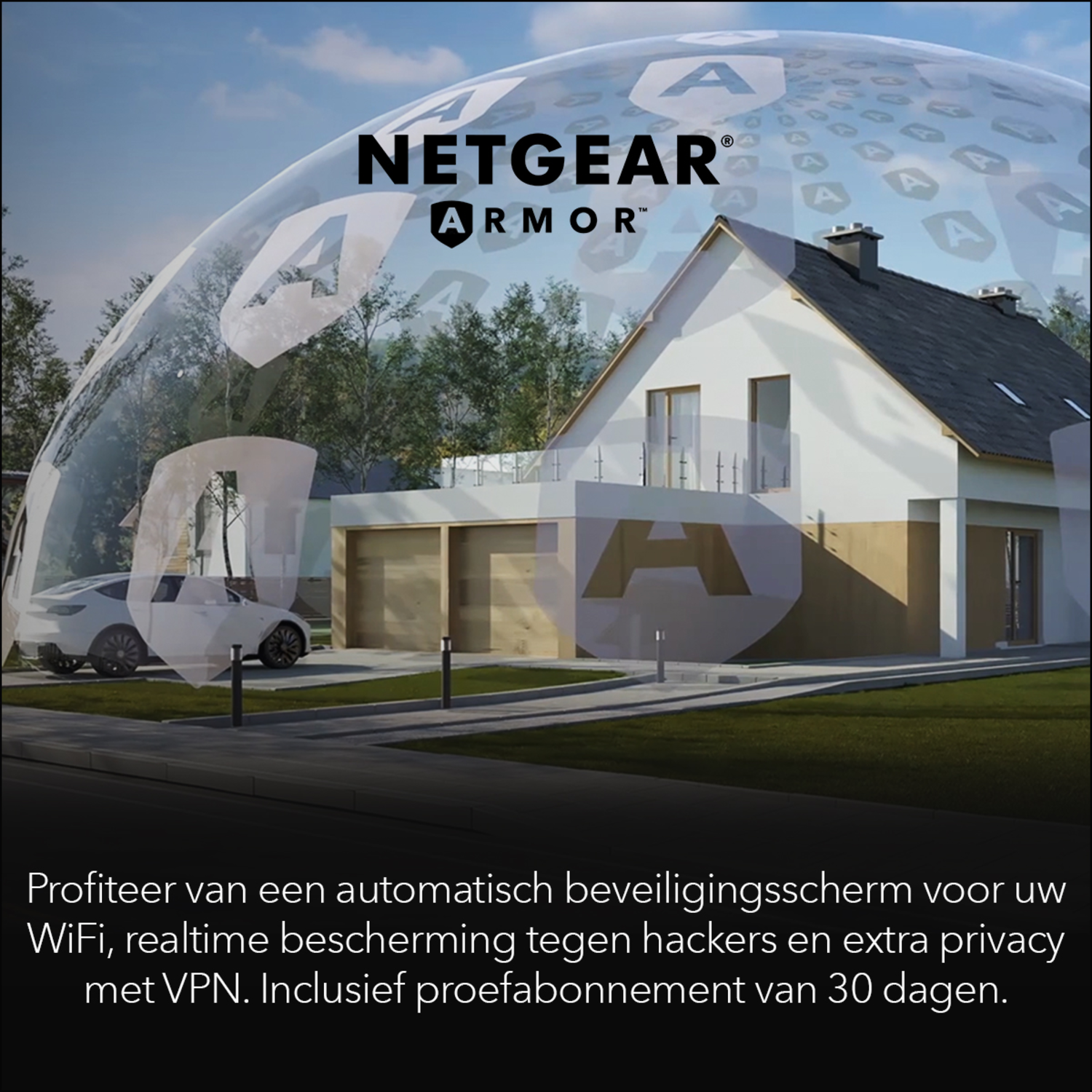 Huis met beveiligingsschild, reclame voor Netgear Armor.