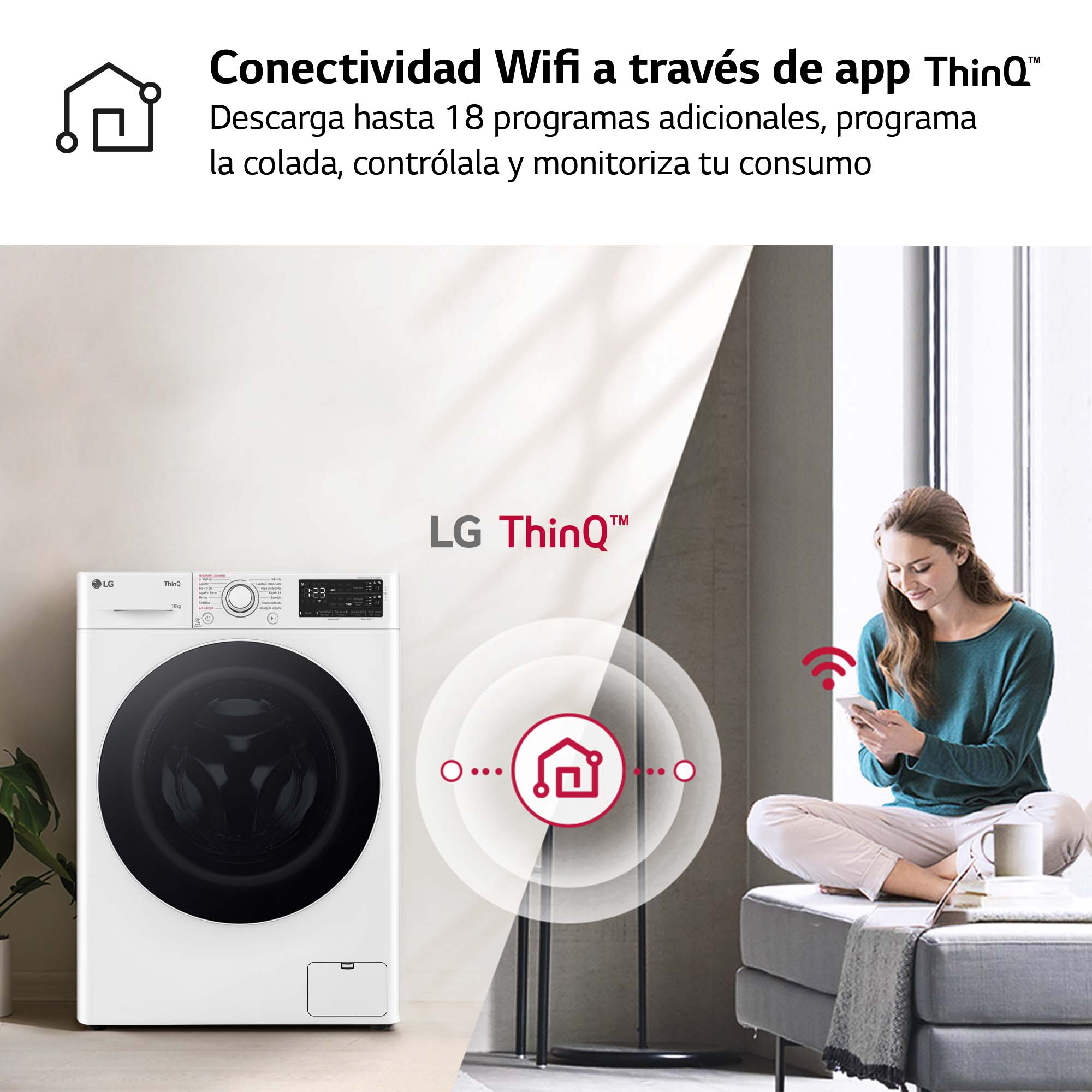 Mujer usando teléfono cerca de lavadora. Conexión WiFi.