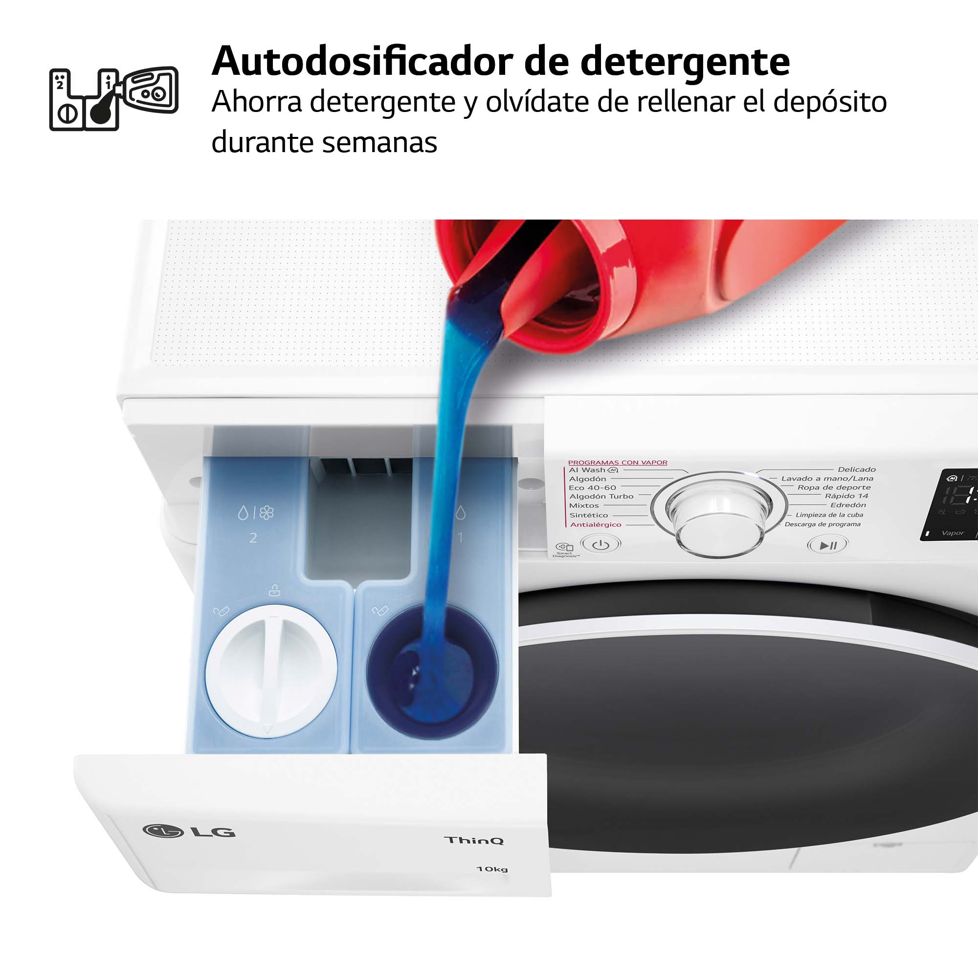 Dispensador de detergente de lavadora llenándose con líquido azul.