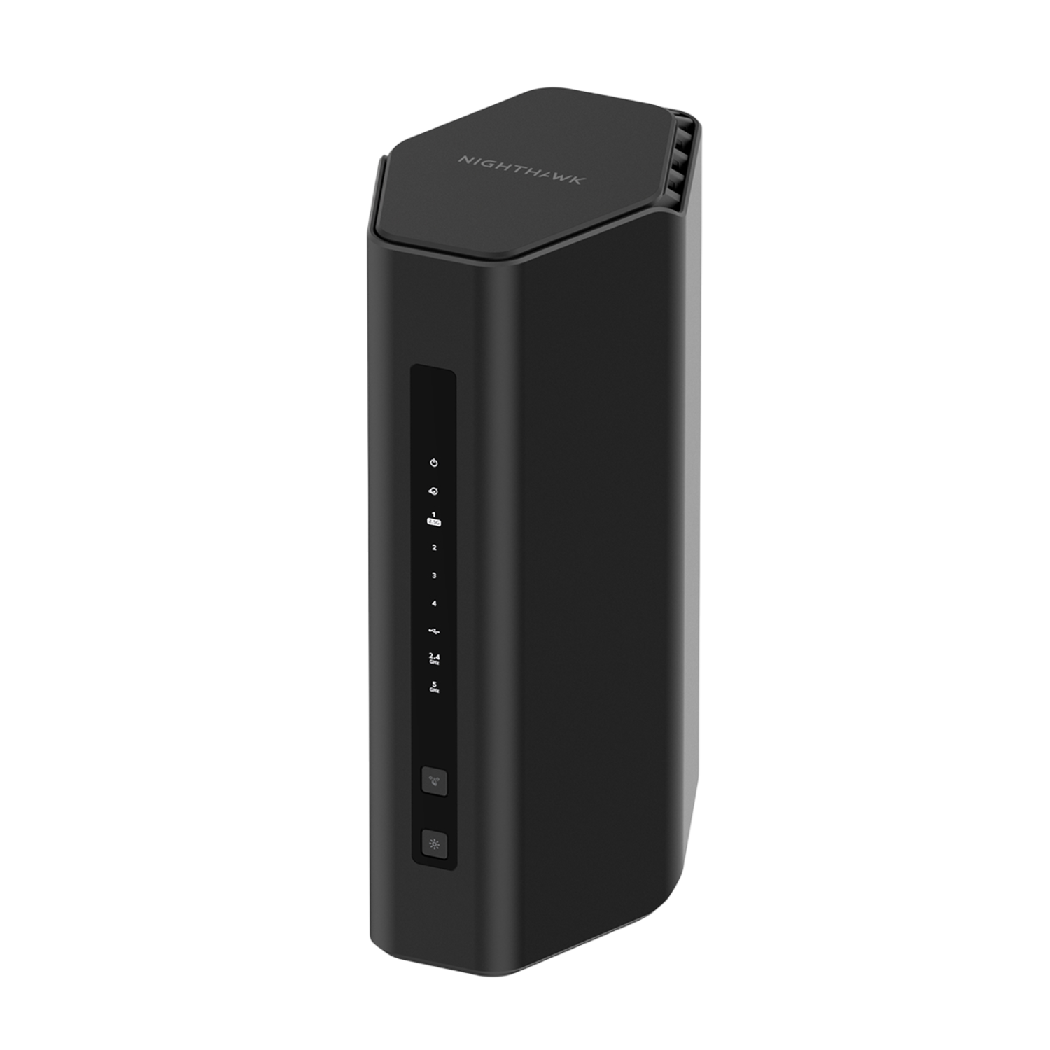 Zwarte Nighthawk router op zwarte achtergrond.