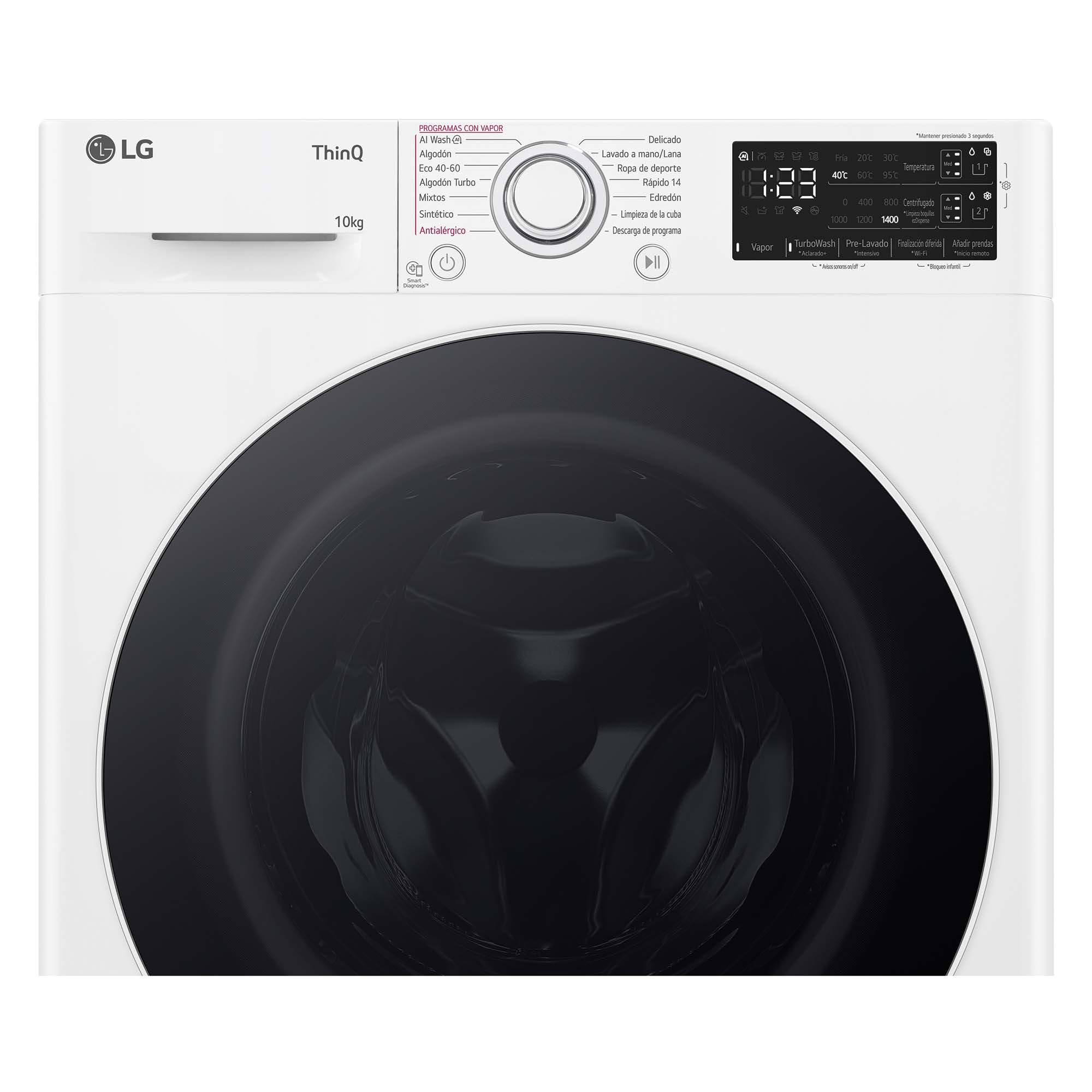 Primer plano del panel de control de una lavadora, mostrando ajustes y pantalla.