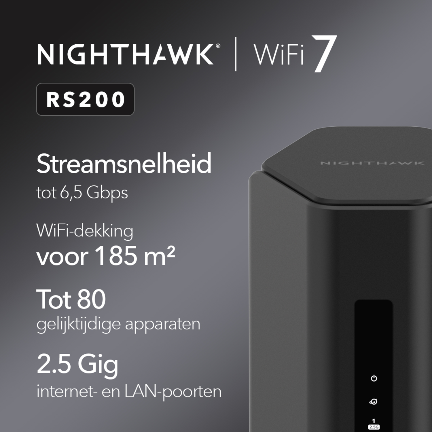 Nighthawk WiFi 7 RS200 router, toont streamingsnelheid en dekking.