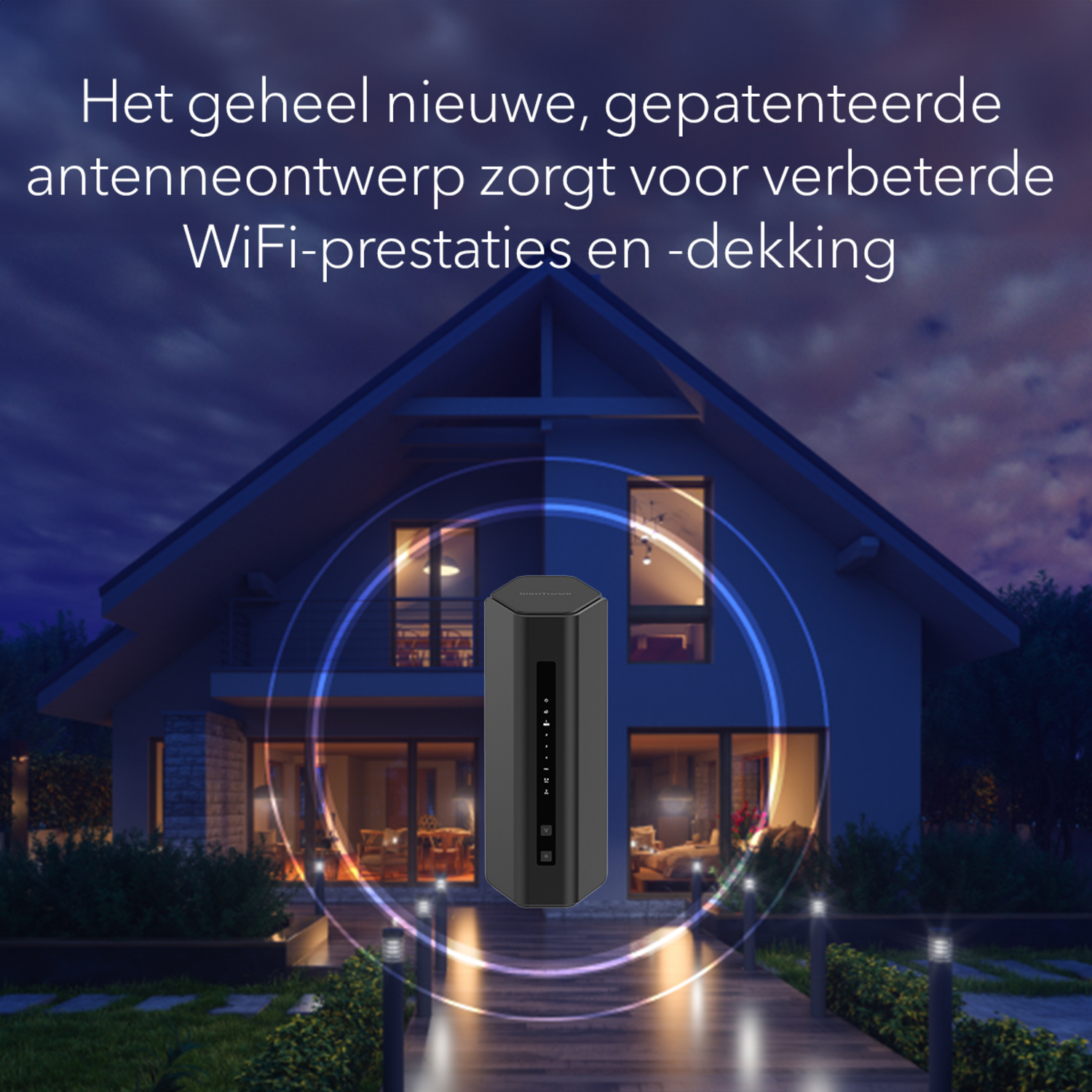 Zwarte router met huis op de achtergrond met blauwe aura.