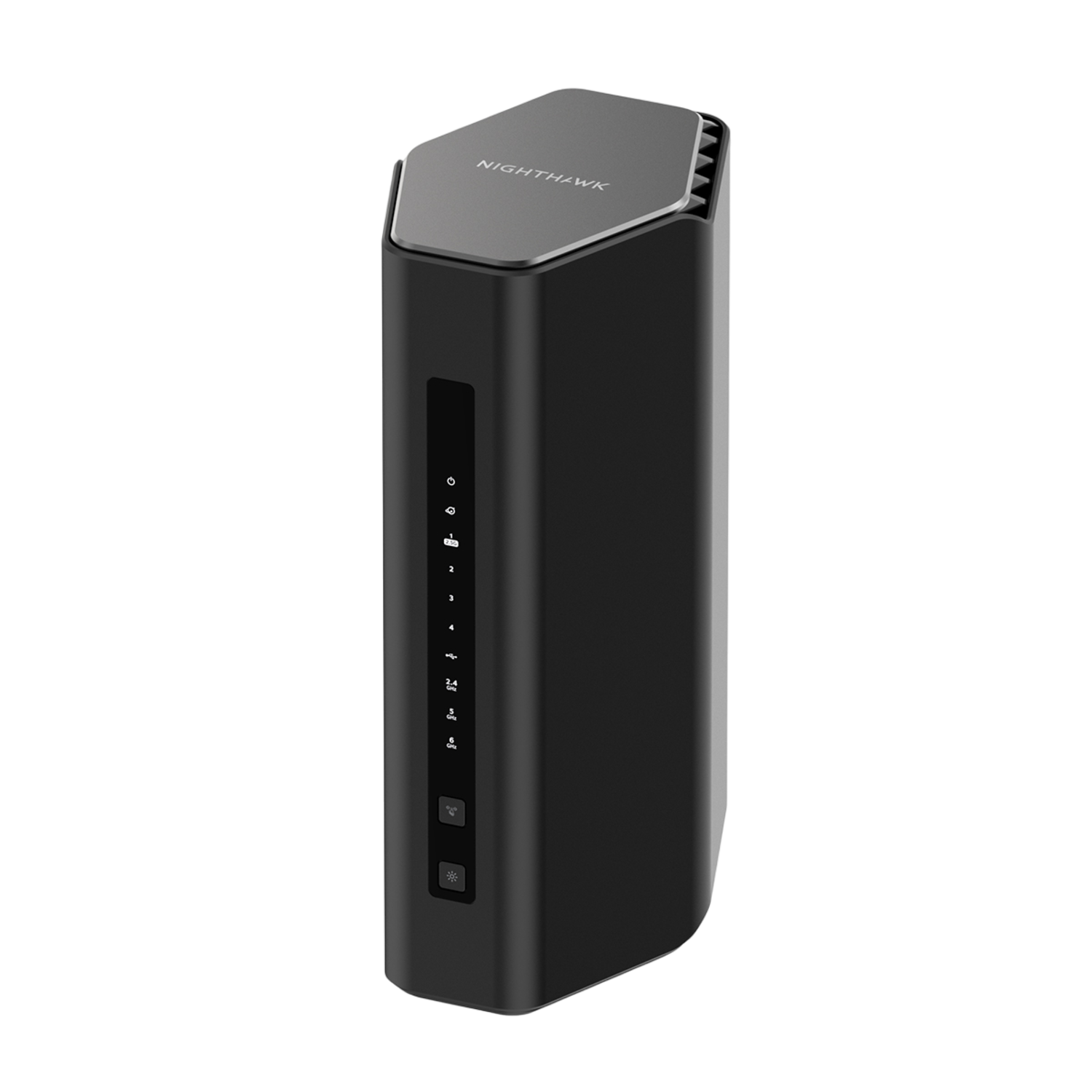 Zwarte router met een donkere achtergrond.