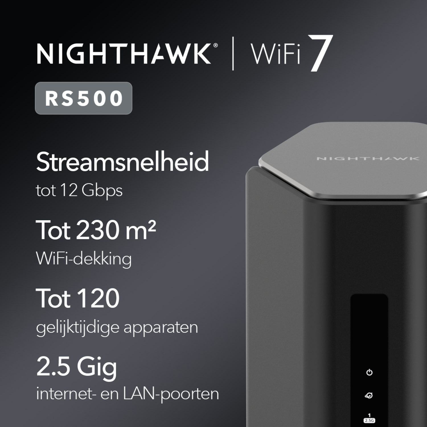 Zwarte router met informatie over zijn specificaties.