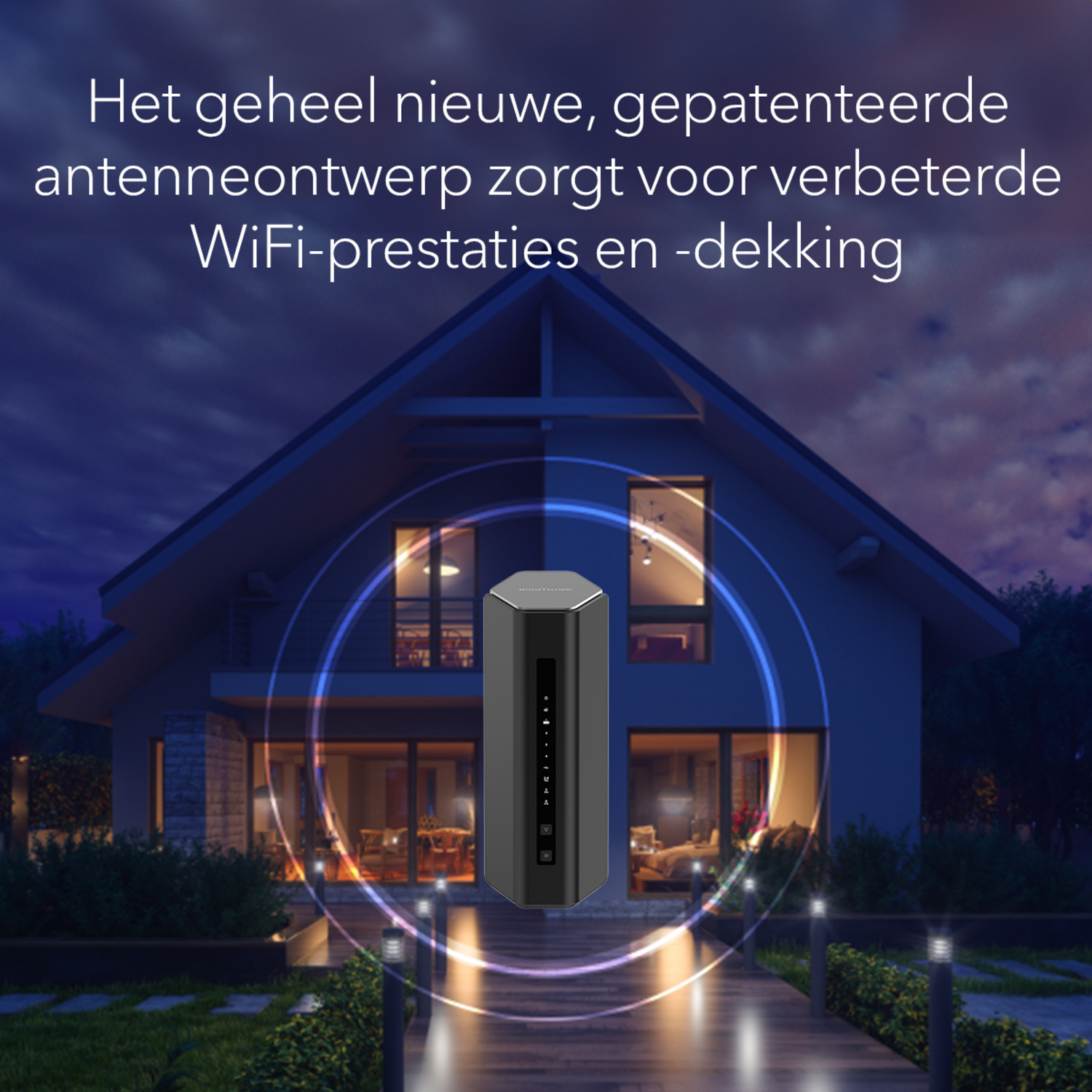 Zwarte router met huis op de achtergrond met blauwe aura.