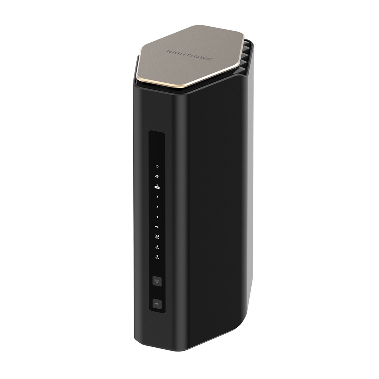 Zwarte router met een gouden bovenkant op een zwarte achtergrond.