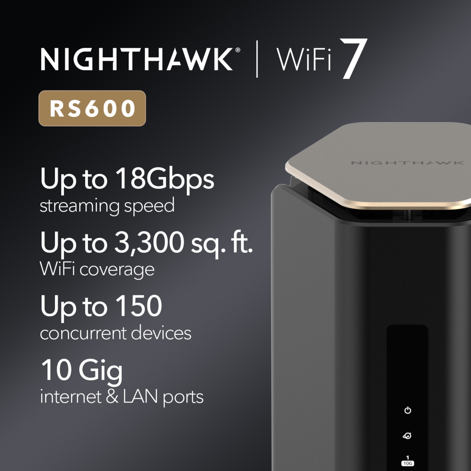 Zwarte router met tekst die WiFi 7-mogelijkheden aangeeft.
