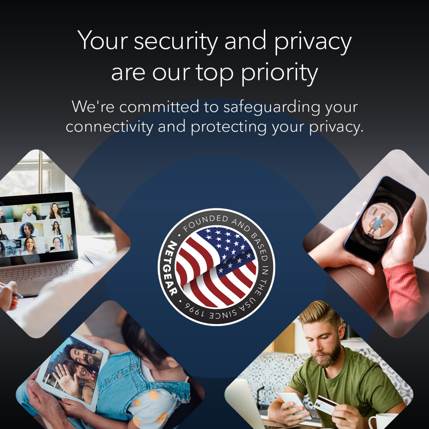 Collage van mensen die videovergaderen en apparaten gebruiken. Het NETGEAR-logo met een Amerikaanse vlag staat in het midden.