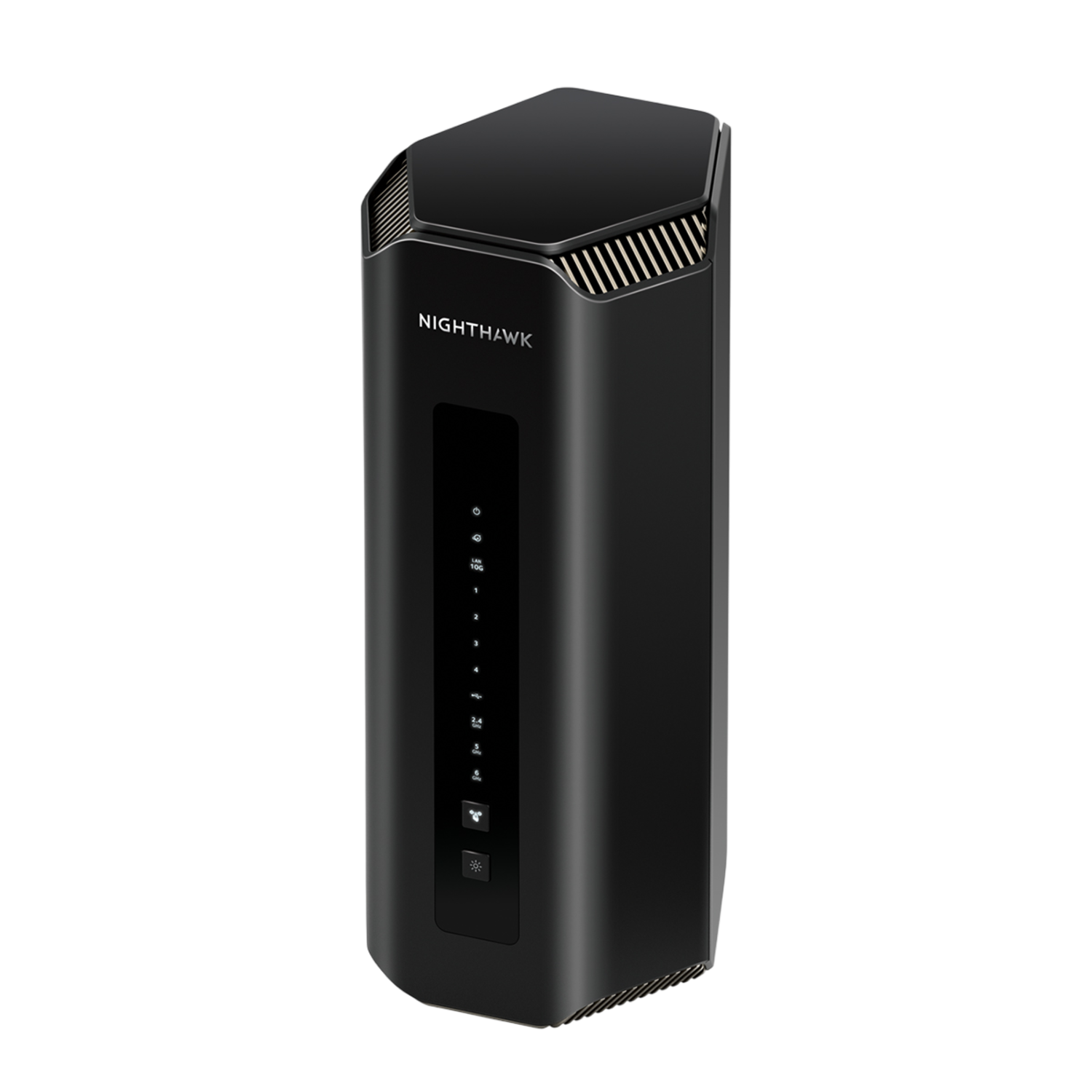 Un routeur Nighthawk noir avec un dessus doré. Il possède des voyants lumineux et le logo Nighthawk.