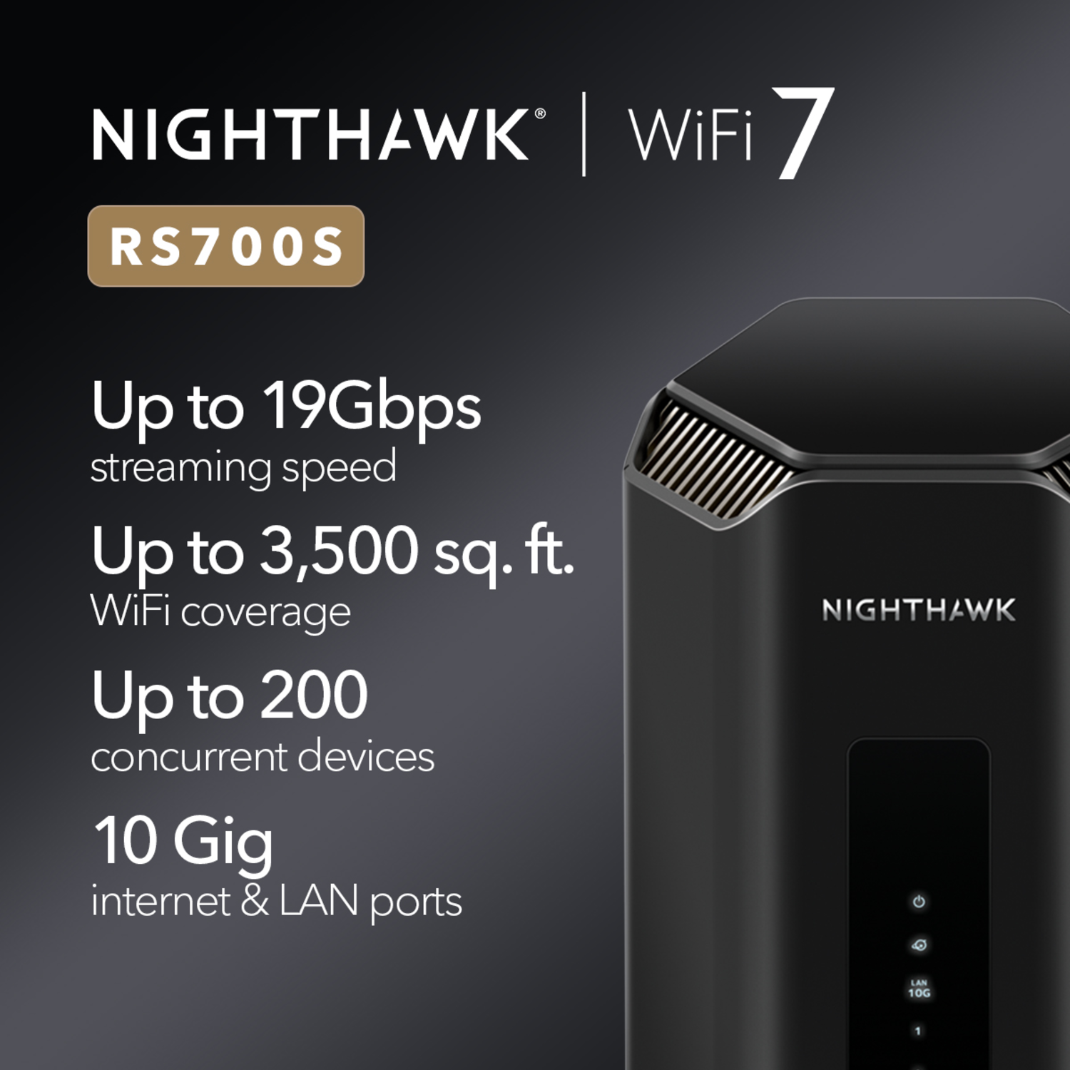 Le routeur Nighthawk WiFi 7 avec spécifications : jusqu'à 19 Gbit/s de streaming, une couverture WiFi de 3 500 pi² et 200 appareils.