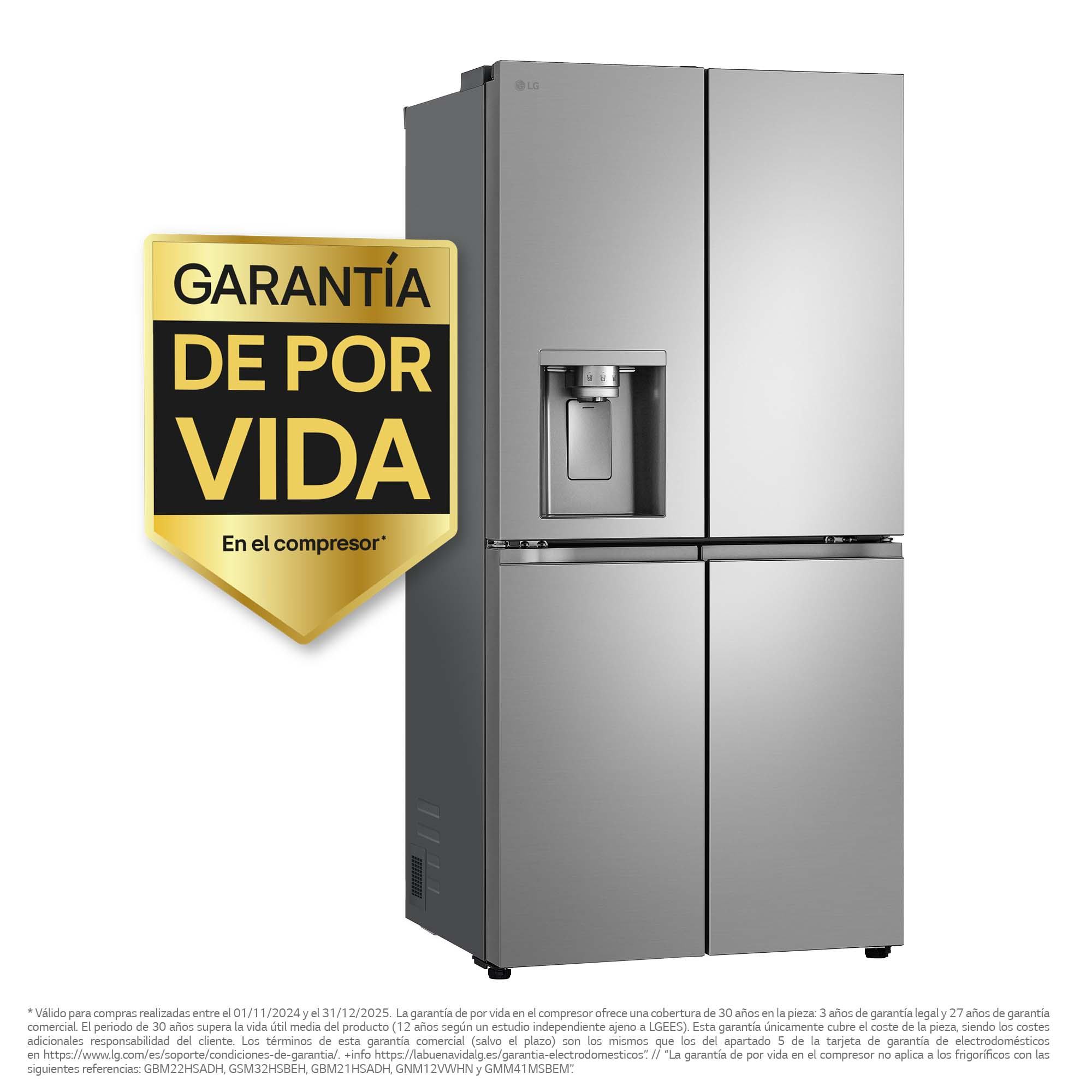 Refrigerador plateado con logo de garantía. Estilo de cuatro puertas.