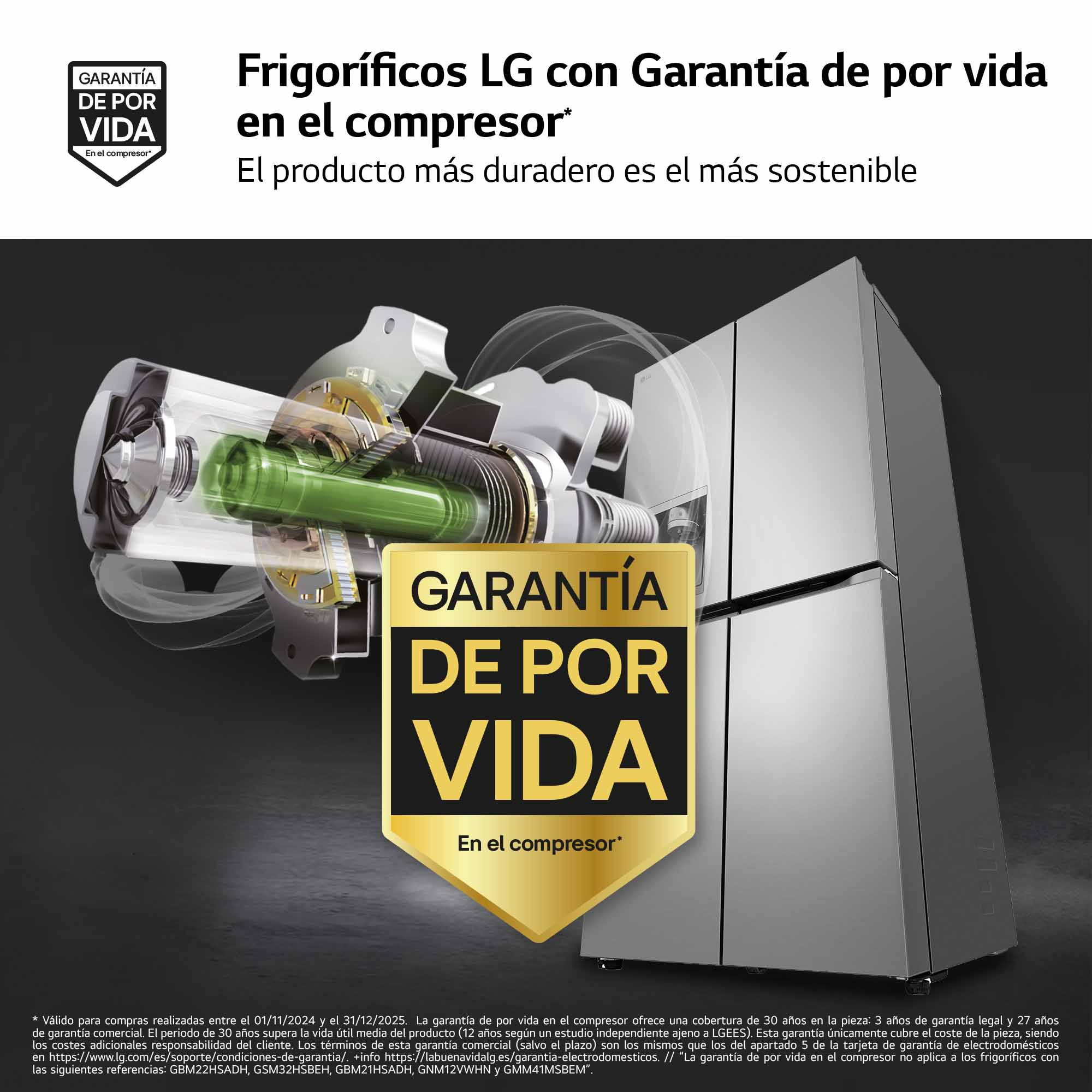 Refrigerador con logo de garantía. Vista seccionada del motor y el interior.