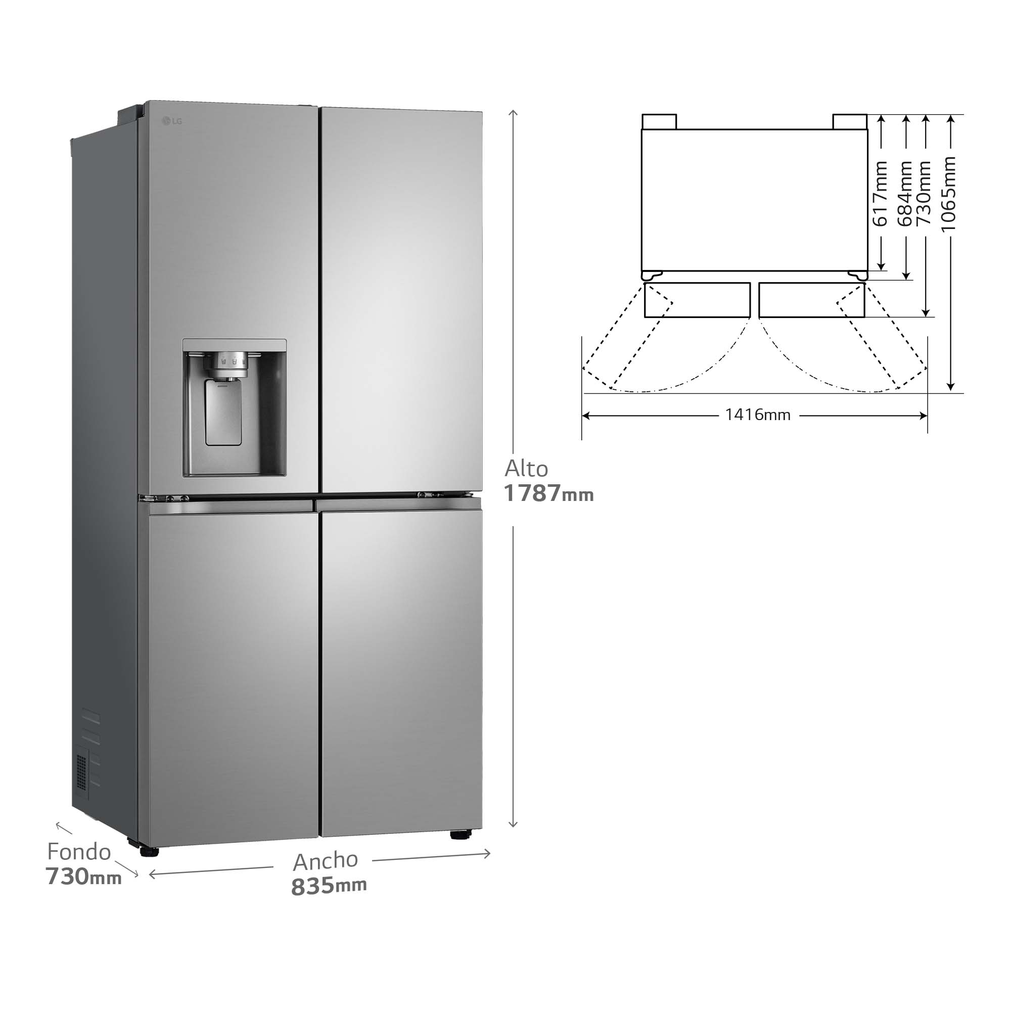 Refrigerador plateado, vista lateral, con dimensiones y dispensador de agua en la puerta izquierda. Diagramas presentes.