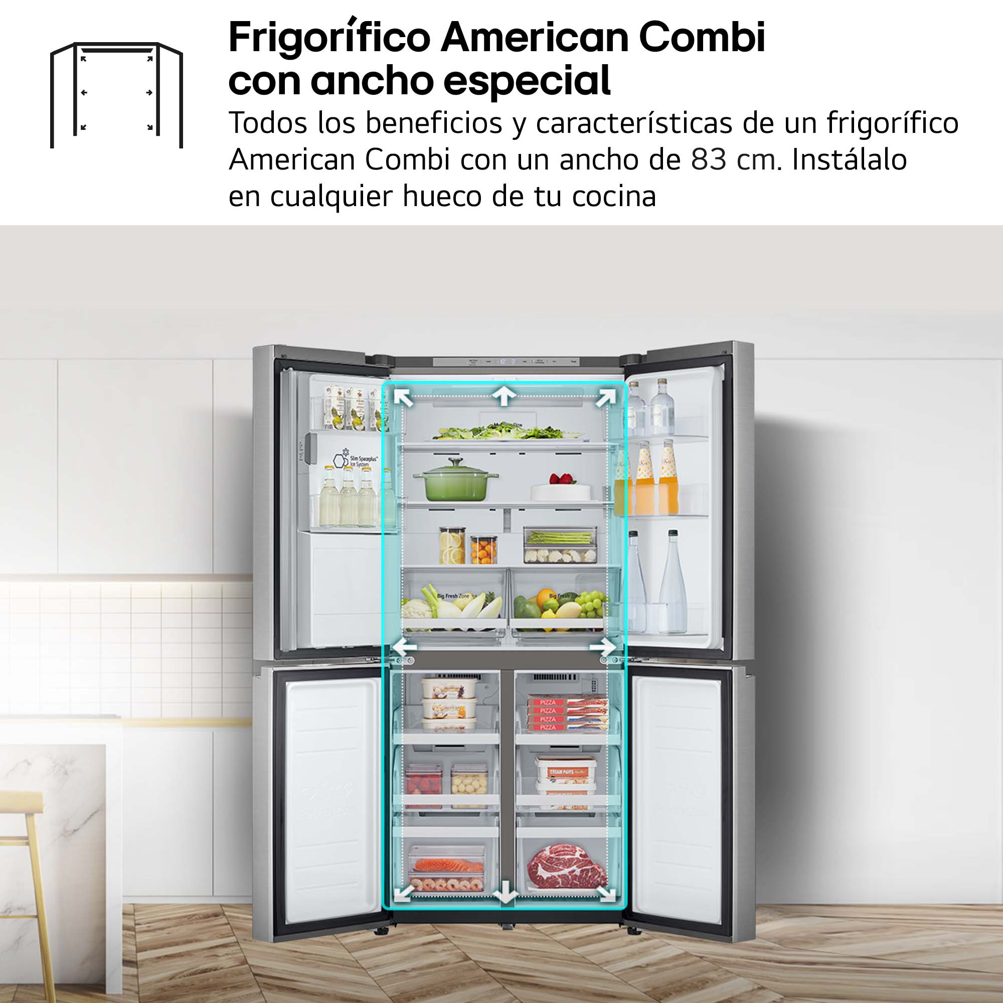 Refrigerador American Combi abierto, mostrando el almacenamiento de alimentos con etiquetas.