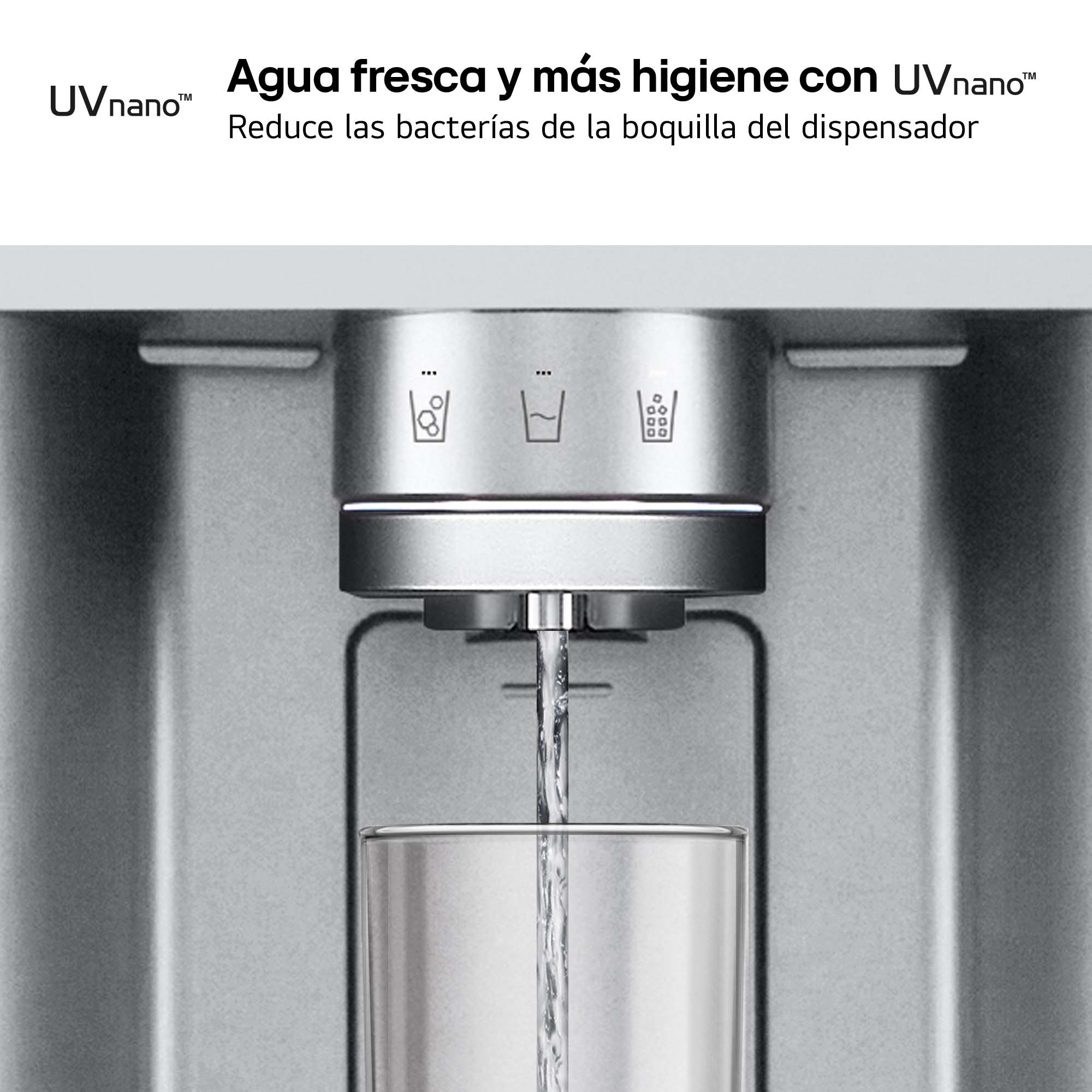 Un dispensador de agua con un vaso llenándose. El texto dice: Agua fresca y más higiene con UVnano.
