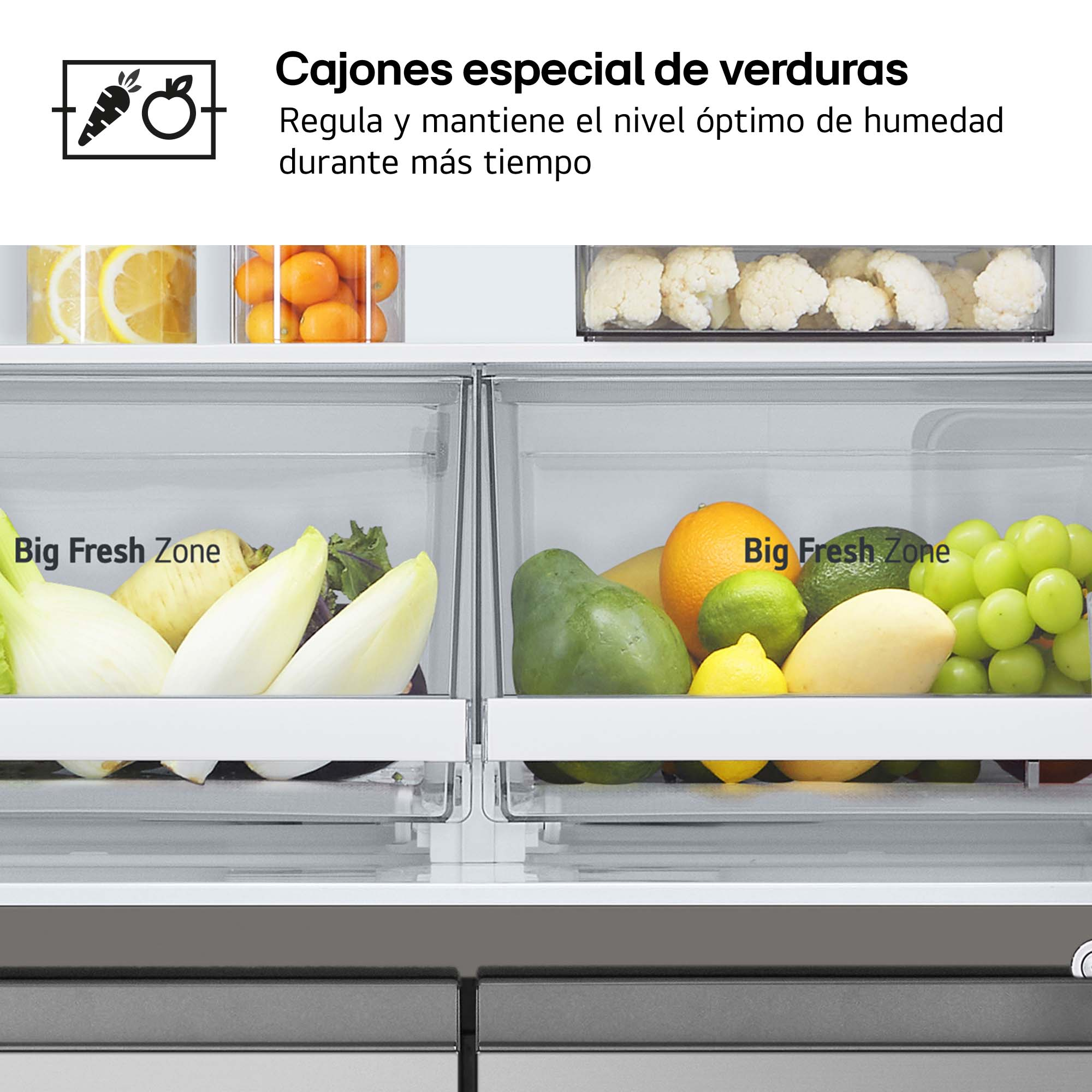 Refrigerador con cajones para verduras. Contiene frutas y verduras.
