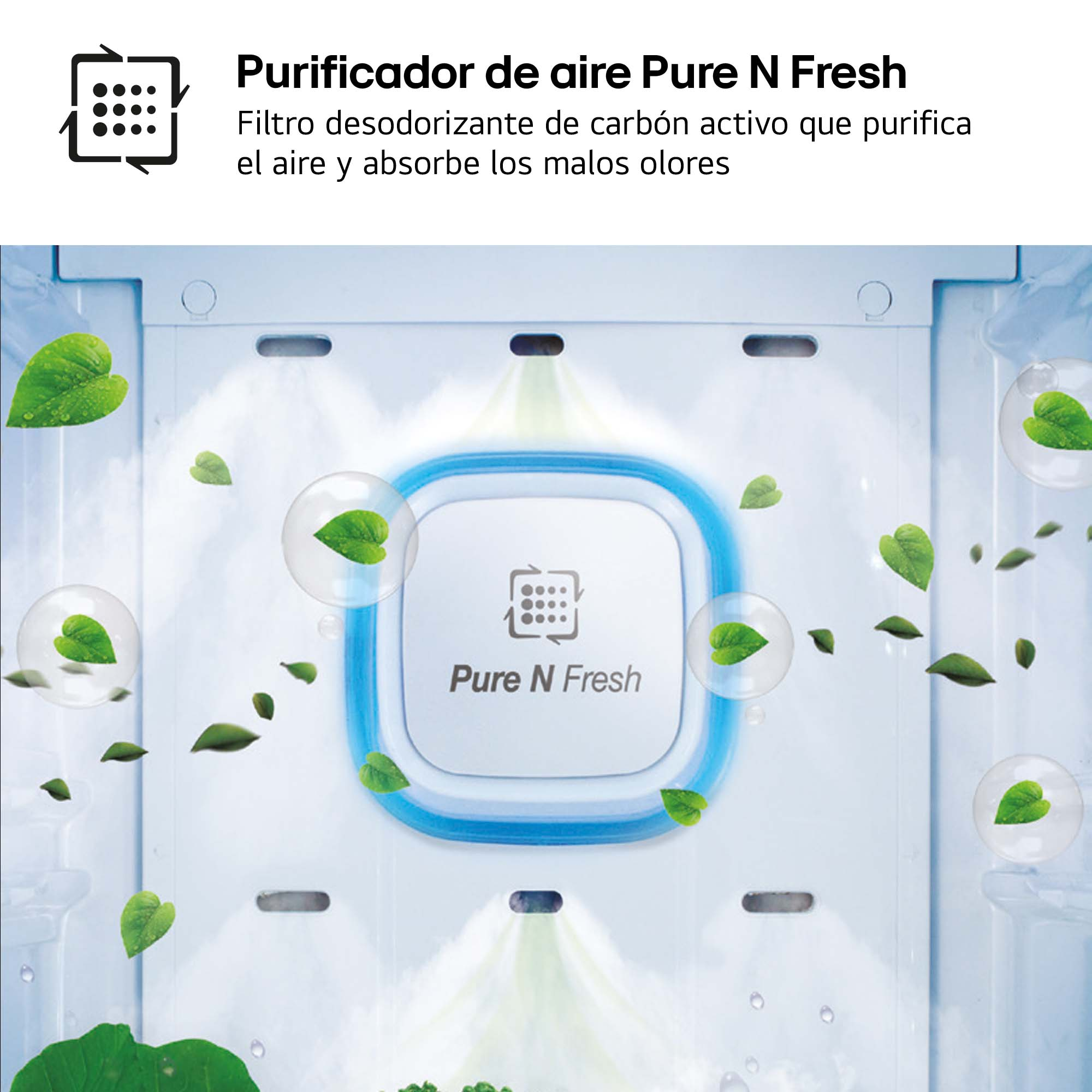Interior del refrigerador con purificador de aire. Hojas y burbujas de aire alrededor.