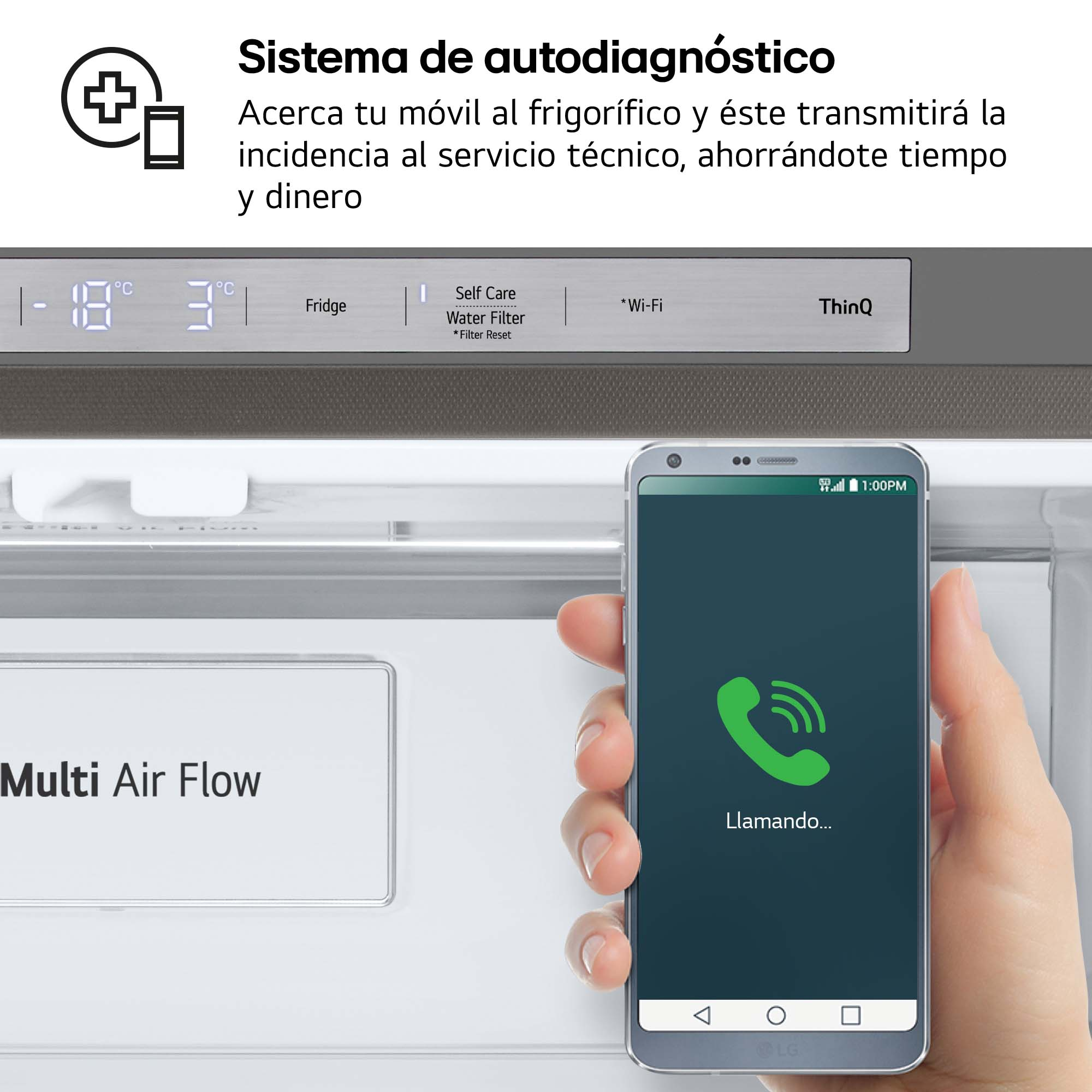 Una pantalla de teléfono muestra un aviso de llamada cerca de un refrigerador.