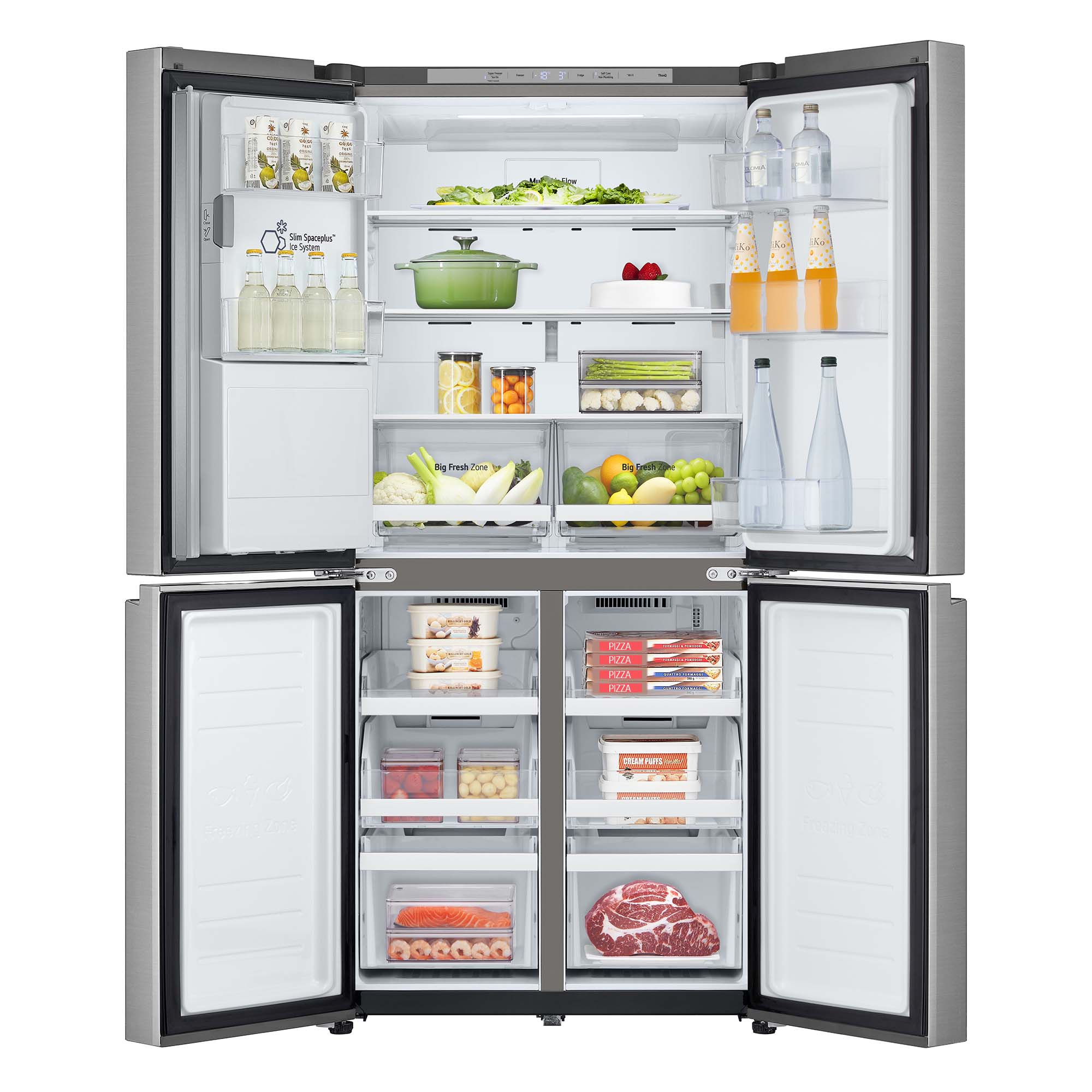 Un refrigerador abierto que muestra el interior. Está lleno de alimentos y bebidas.