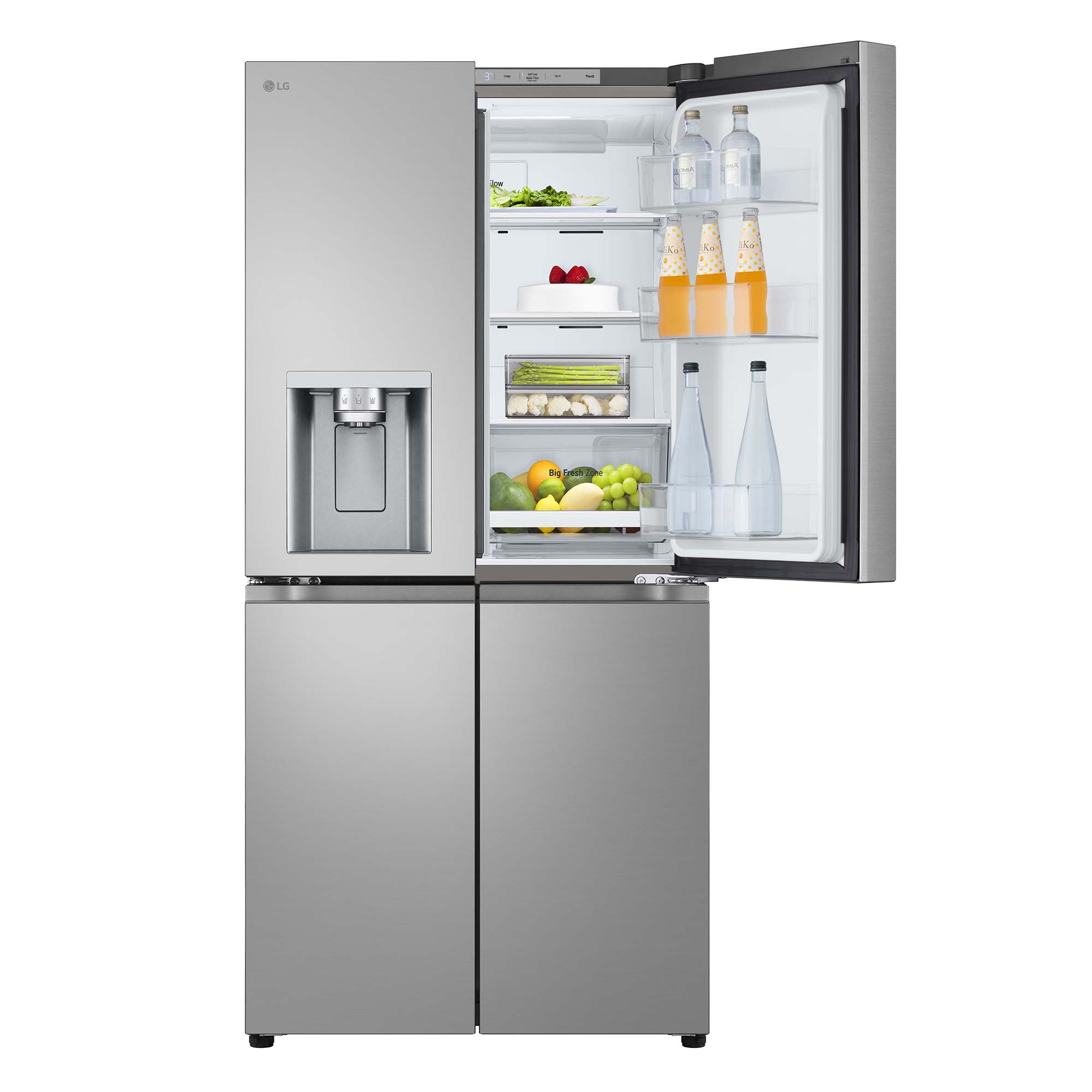 Un refrigerador abierto, mostrando el interior. Tiene estantes con comida y bebidas.