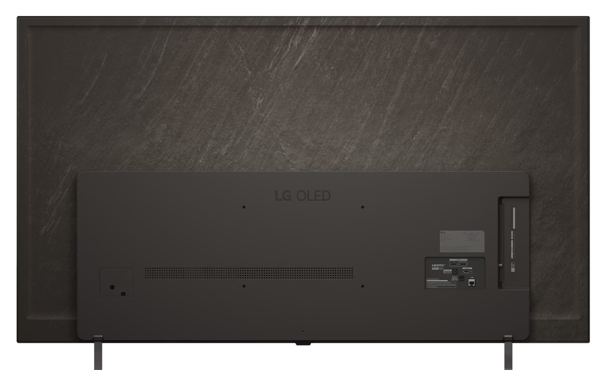 Tył czarnego telewizora LG OLED. Ma duży panel z portami i połączeniami.
