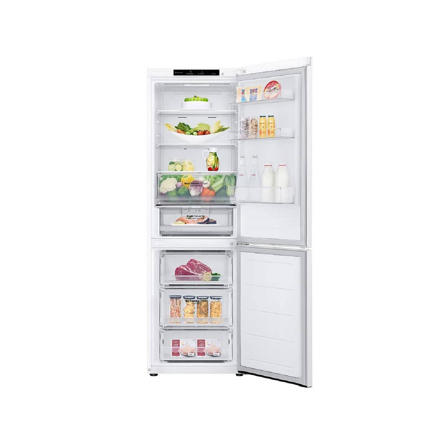 Witte koelkast met open deur, met het interieur met voedsel.