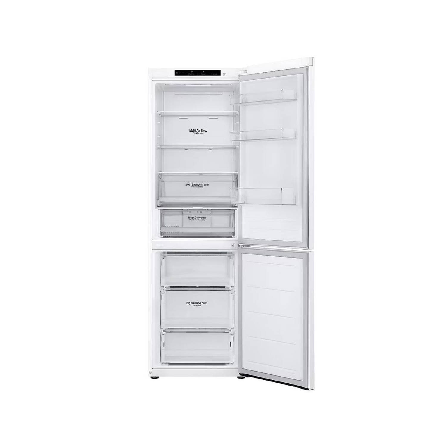 Witte koelkast met open deur, met het interieur met voedsel.