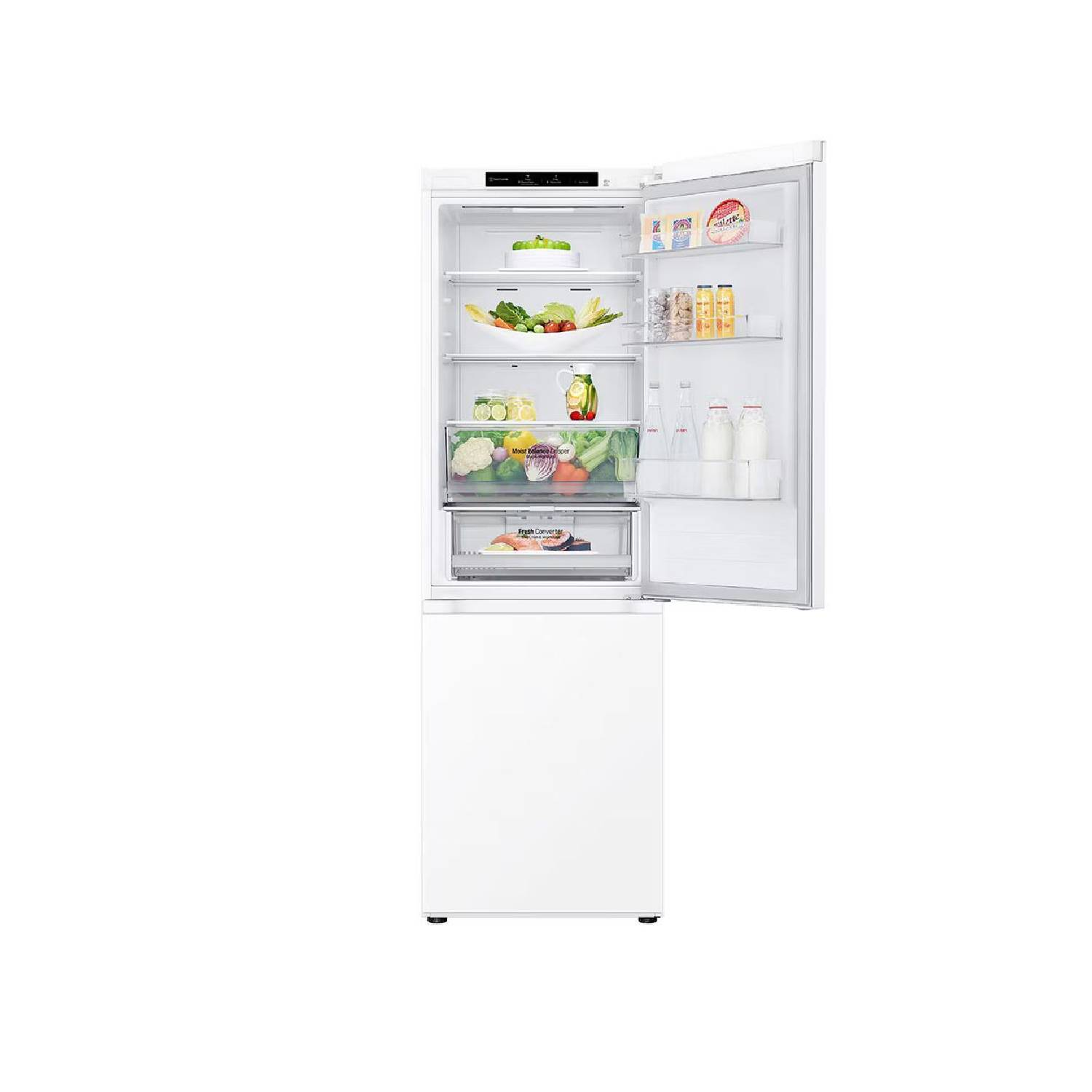 Witte koelkast met open deur, met het interieur met voedsel.