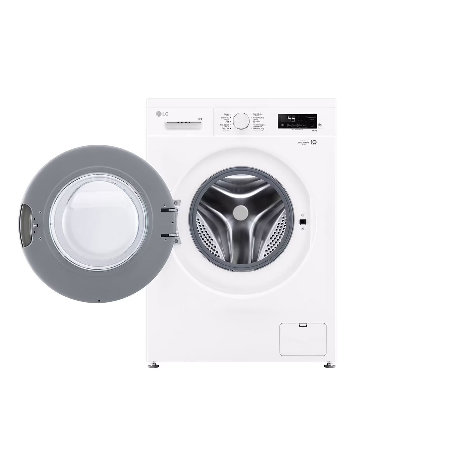 Lave-linge LG blanc avec porte grise ouverte. Le tambour est visible.