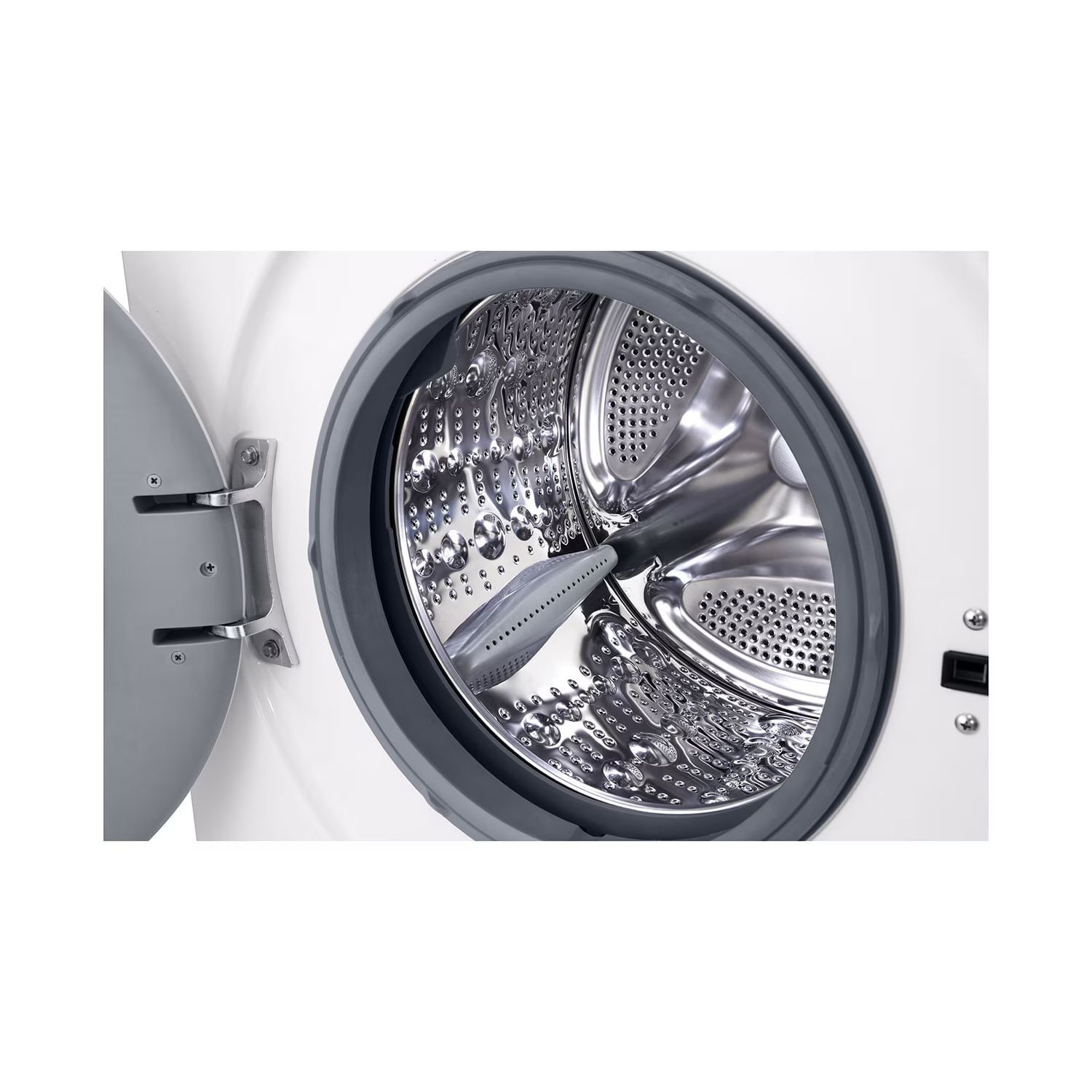 Gros plan sur le tambour intérieur d'un lave-linge LG blanc, porte ouverte.