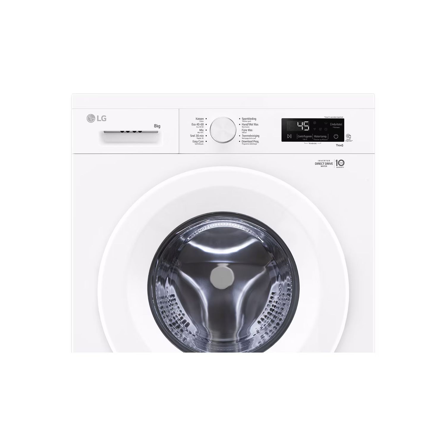 Gros plan sur le panneau de commande d'un lave-linge LG blanc. Affiche les réglages et l'heure.