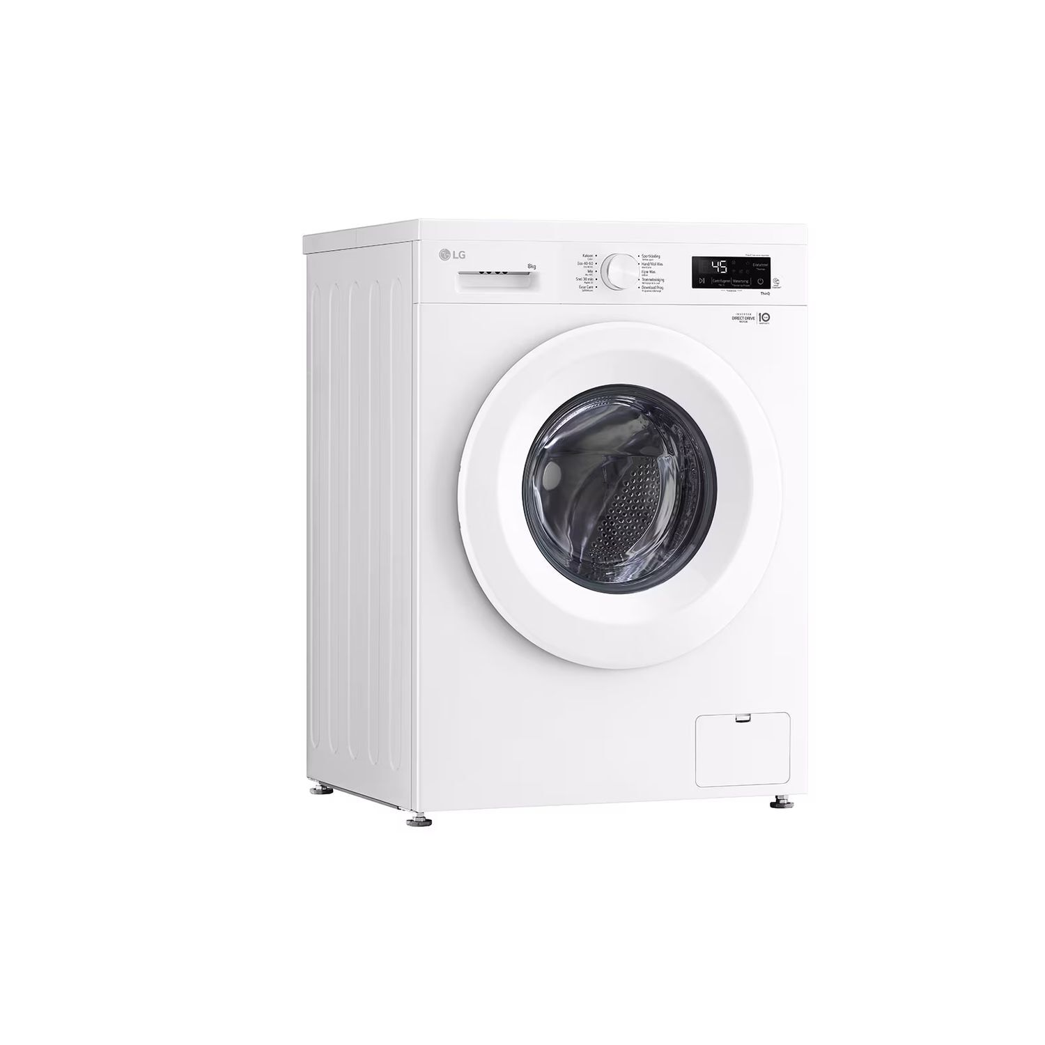 Lave-linge LG blanc. Vue de face, porte fermée. Affiche le panneau de commande.