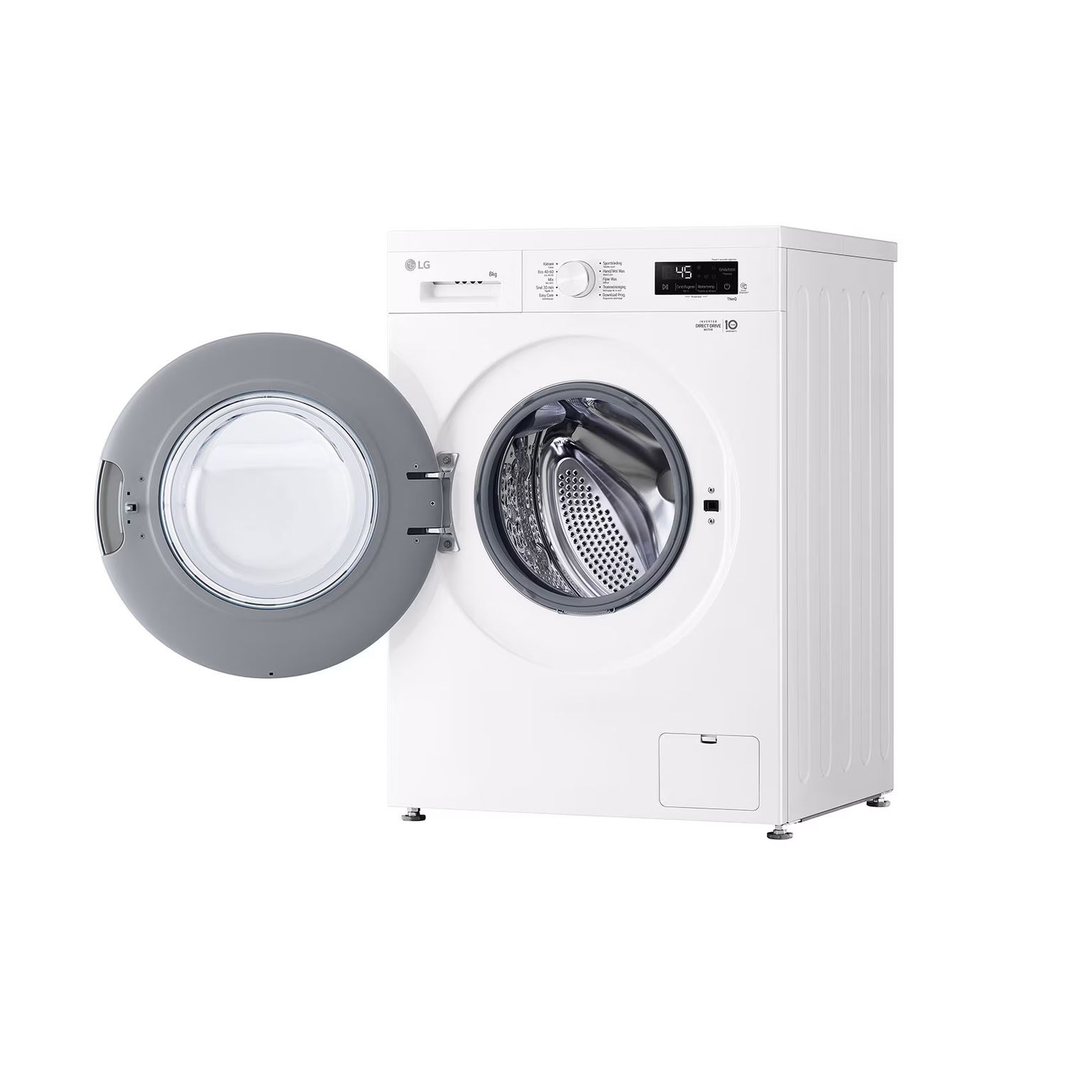 Lave-linge LG blanc avec porte grise ouverte, montrant le tambour et le panneau de commande.