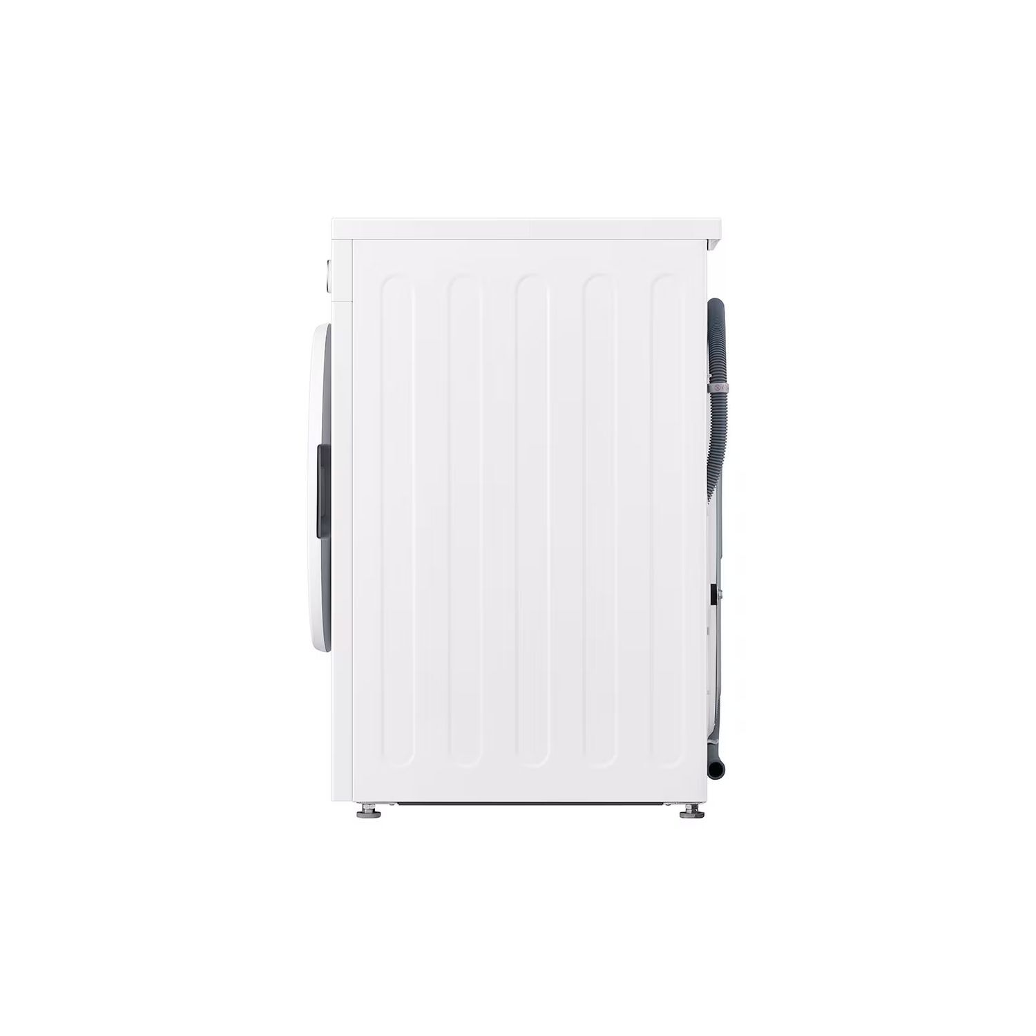 Vue latérale d'un lave-linge LG blanc, montrant le panneau latéral et un tuyau.