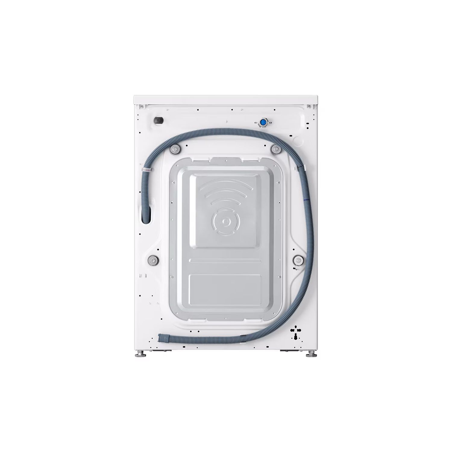 Dos d'un lave-linge LG blanc. Affiche le panneau arrière, le tuyau et les connexions.