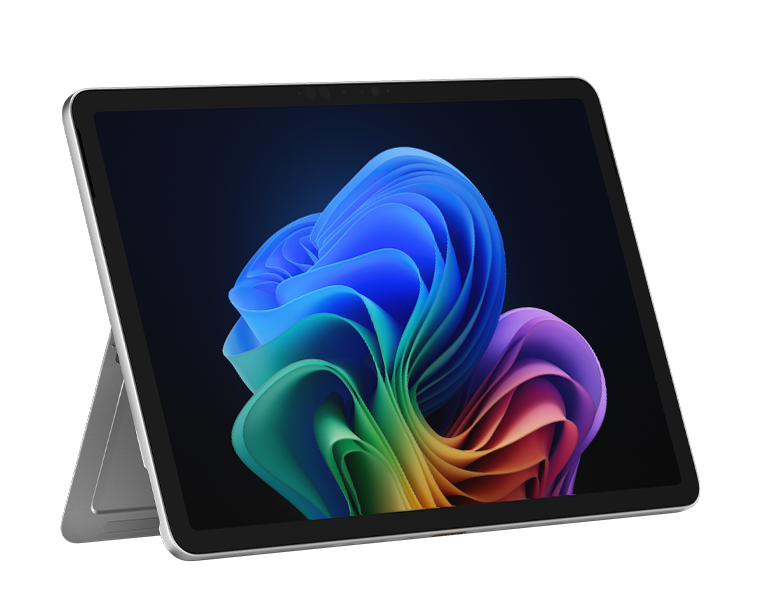 Tablet z kolorowym, abstrakcyjnym obrazem na ekranie. Srebrna ramka i stojak.
