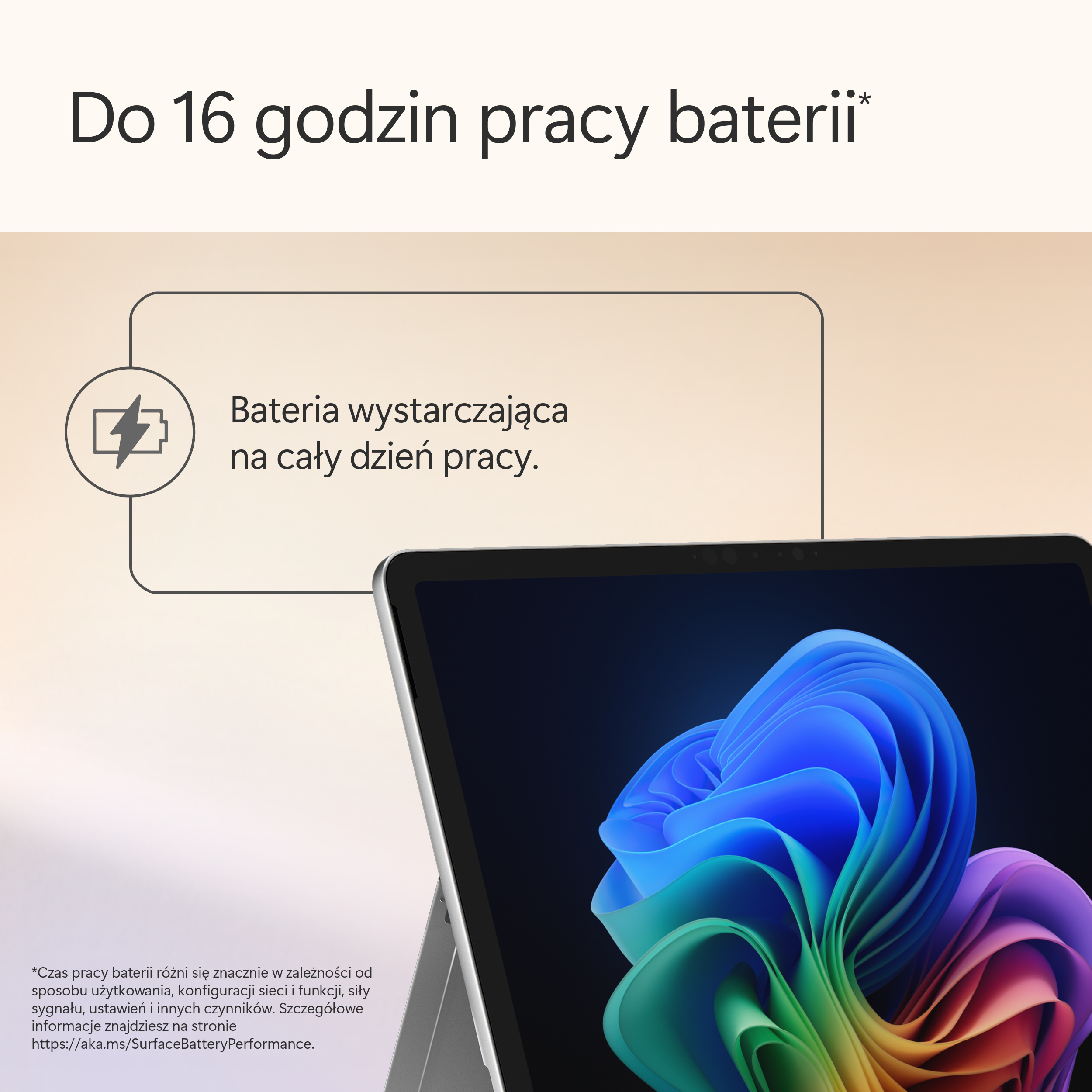 Tablet z kolorowym abstrakcyjnym tłem na ekranie, z tekstem u góry mówiącym 'Do 16 godzin pracy baterii'.