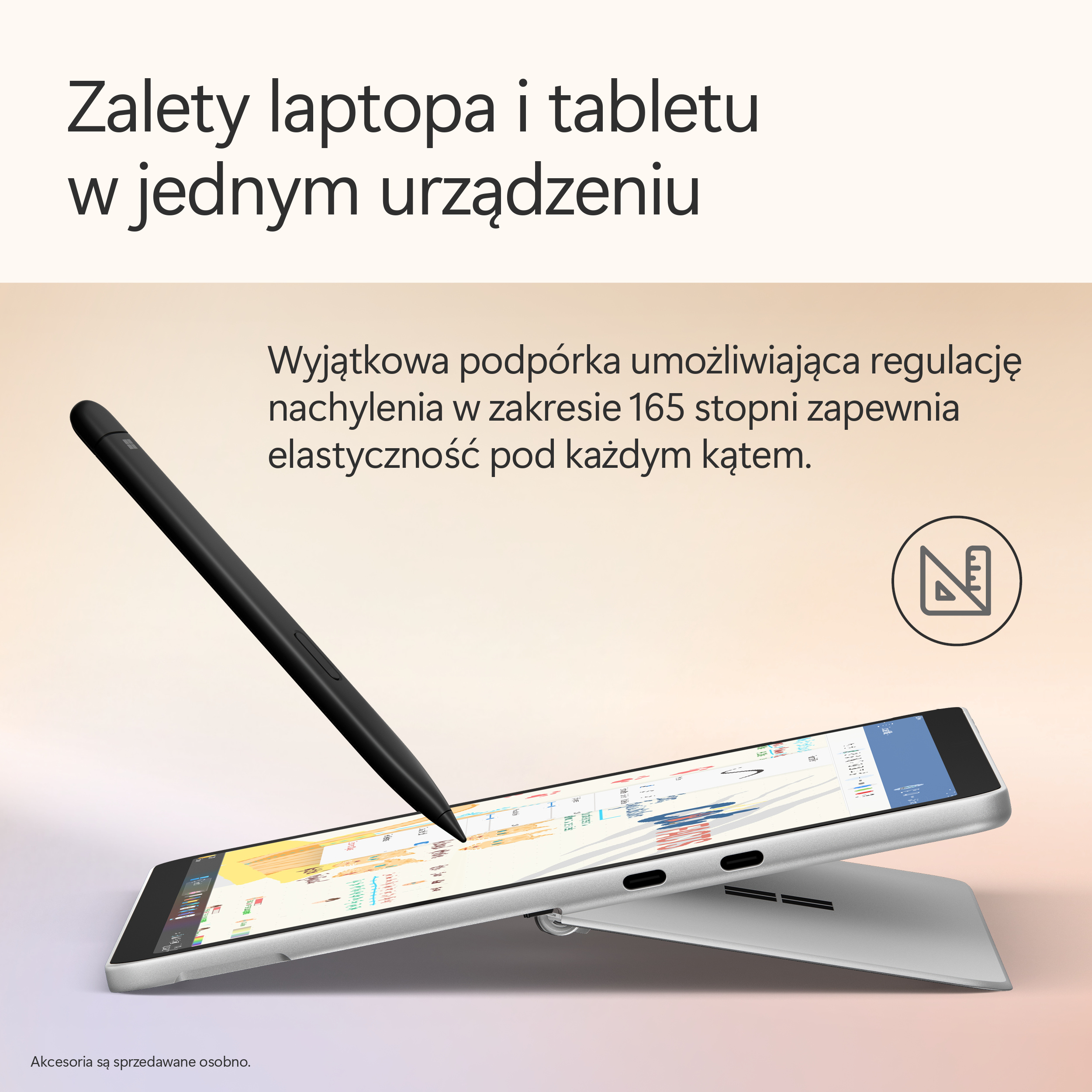 Tablet z rysikiem wskazującym na ekran. Tekst powyżej mówi 'Zalety laptopa i tabletu w jednym urządzeniu'.
