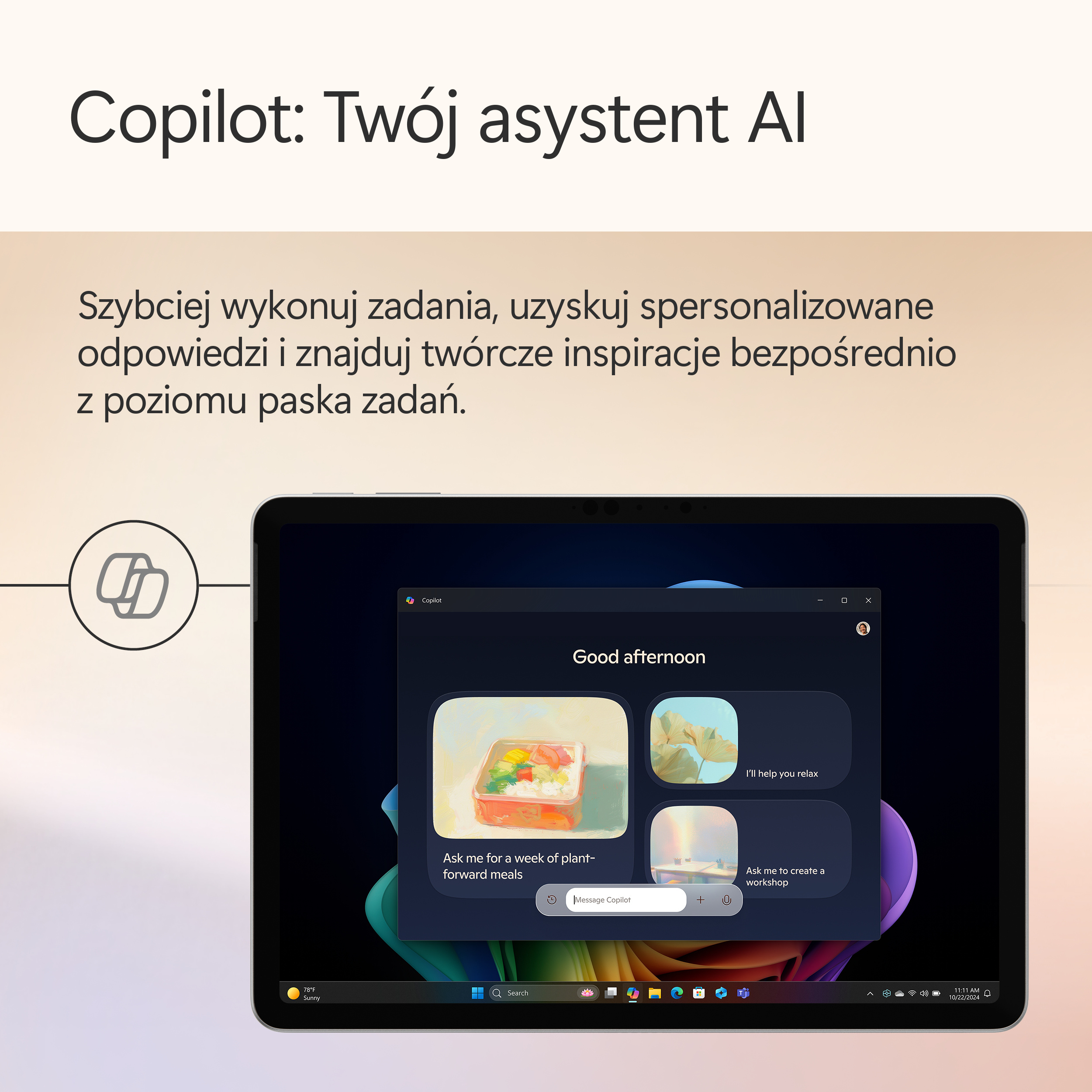 Ekran tabletu pokazuje Copilot. Tekst opisuje funkcje asystenta AI, takie jak wykonywanie zadań i inspiracja twórcza.
